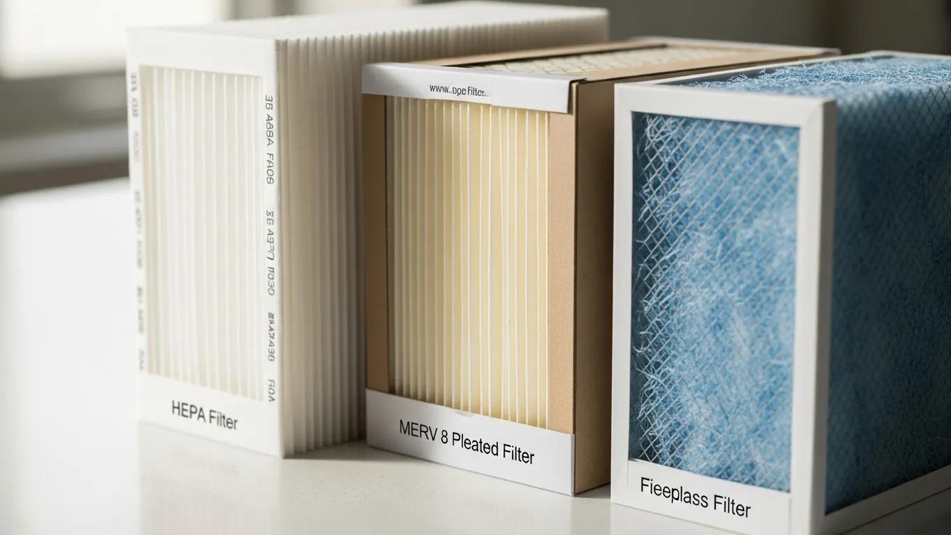 Comparison of HEPA, pleated, and fiberglass HVAC air filters, highlighting their differences