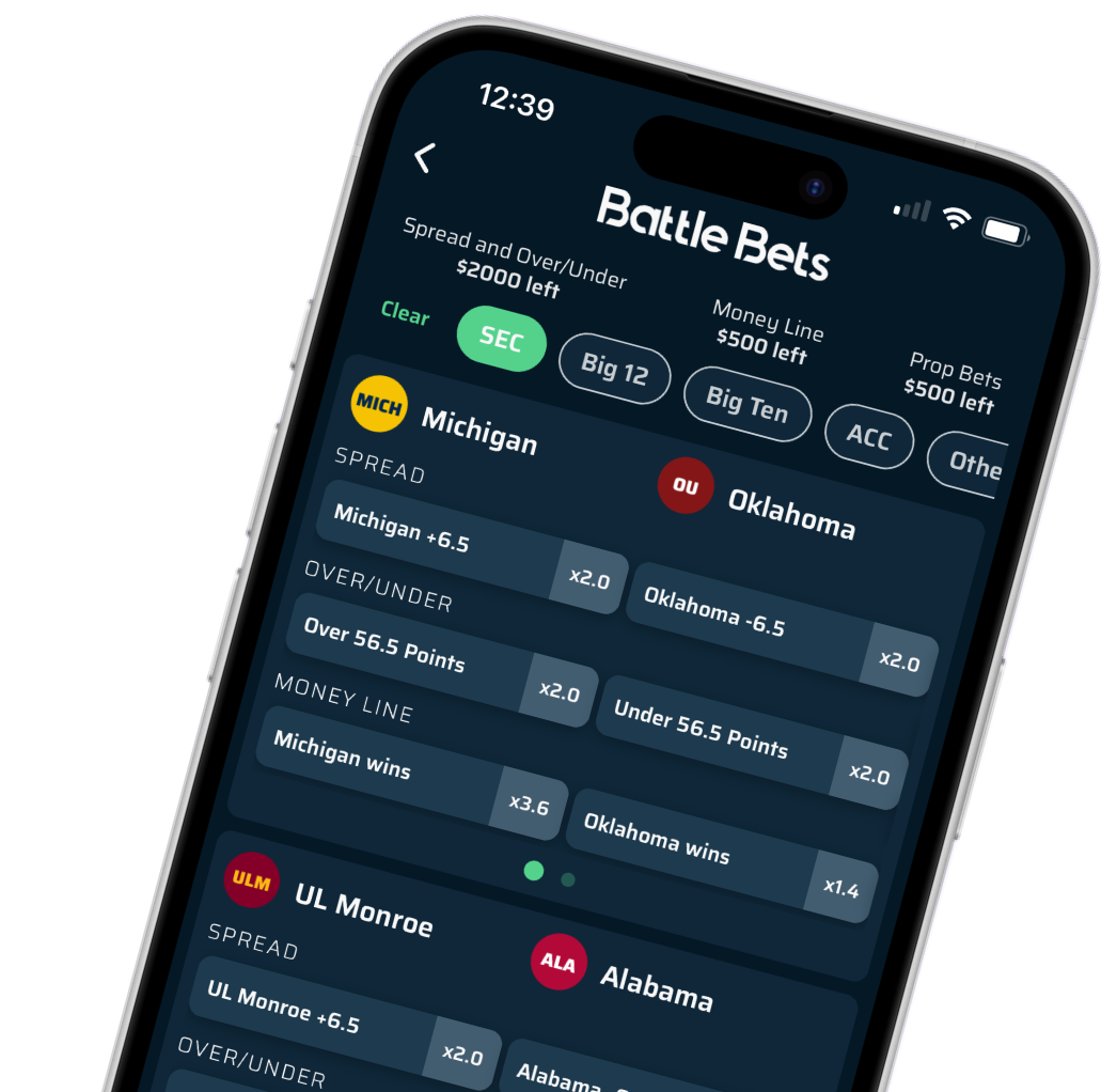 A screenshot of the bet selection page of the Battle Bets app. Place your bets on Oklahoma or Michigan.