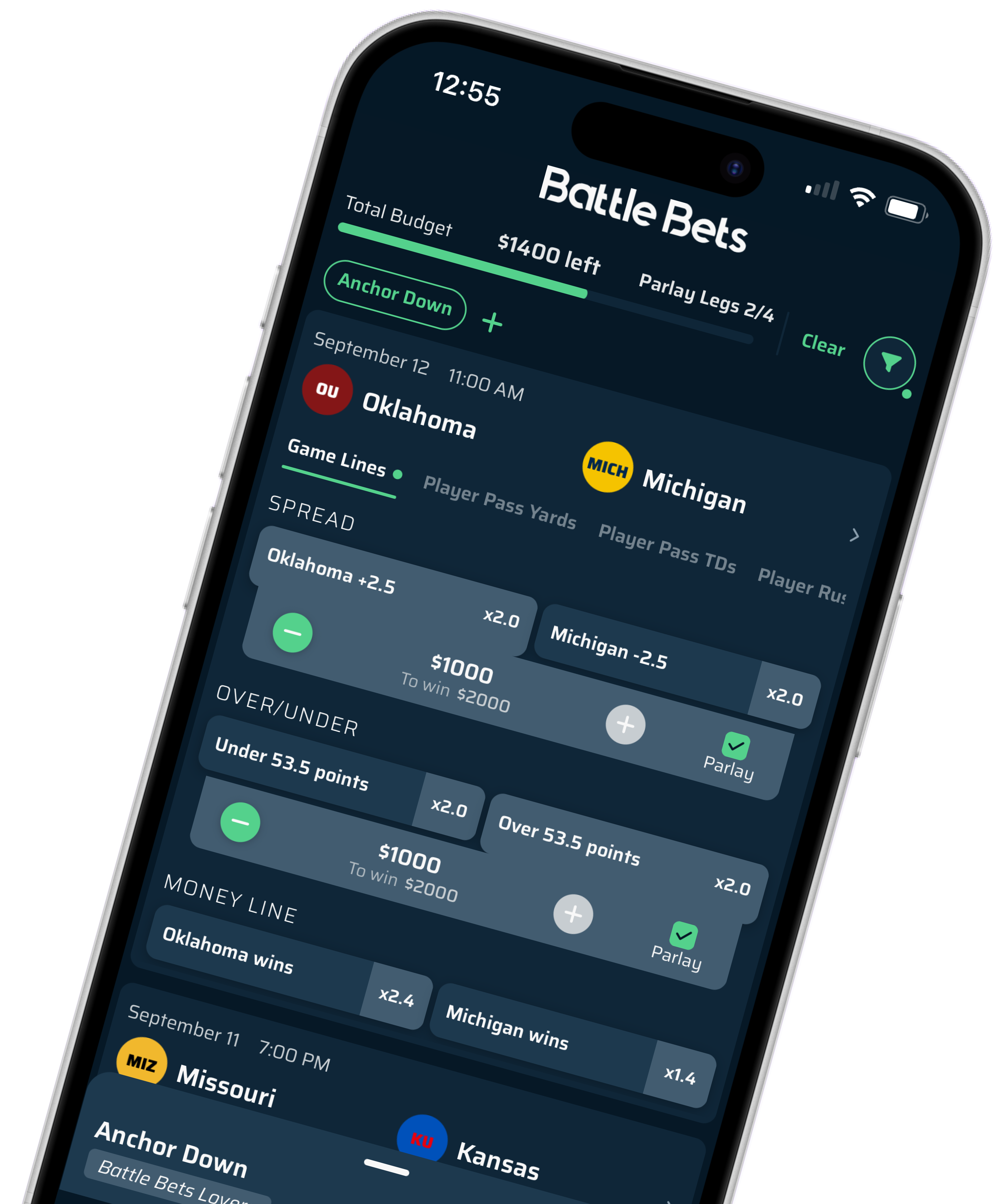 Mobile app screen showing sports betting options for Oklahoma vs Michigan with spreads, over/under, and money line.