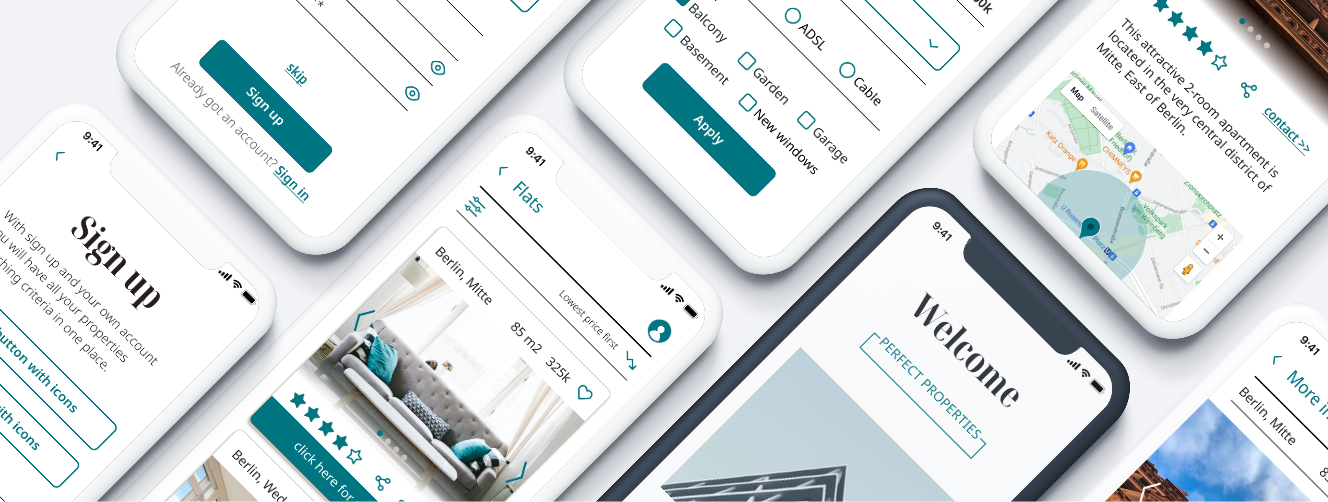 A hero image with several mobile phone screens showing UI and UX design.