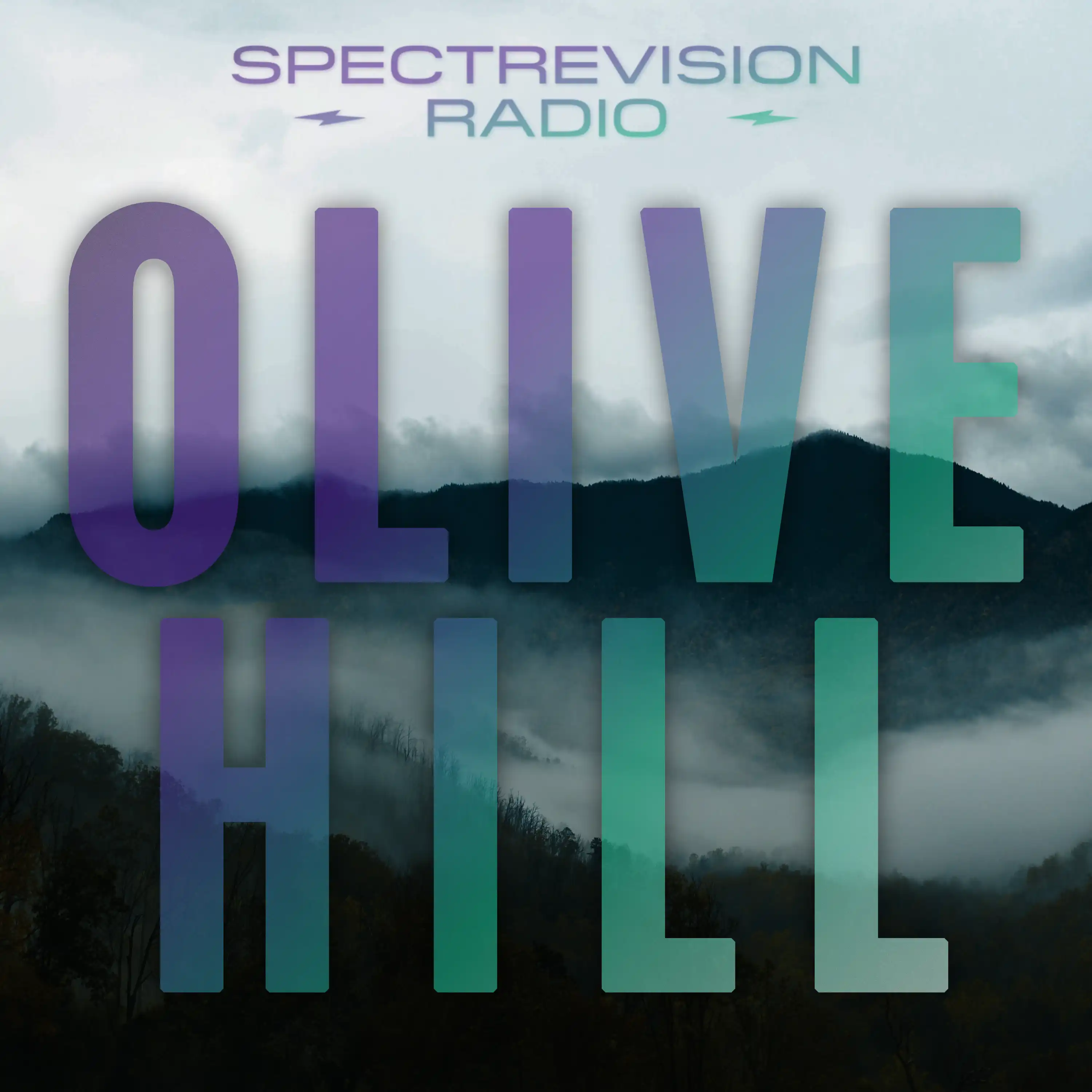 mountains with fog, image is distorted, Purple to light green gradient text is slightly transparent, reads "olive hill"