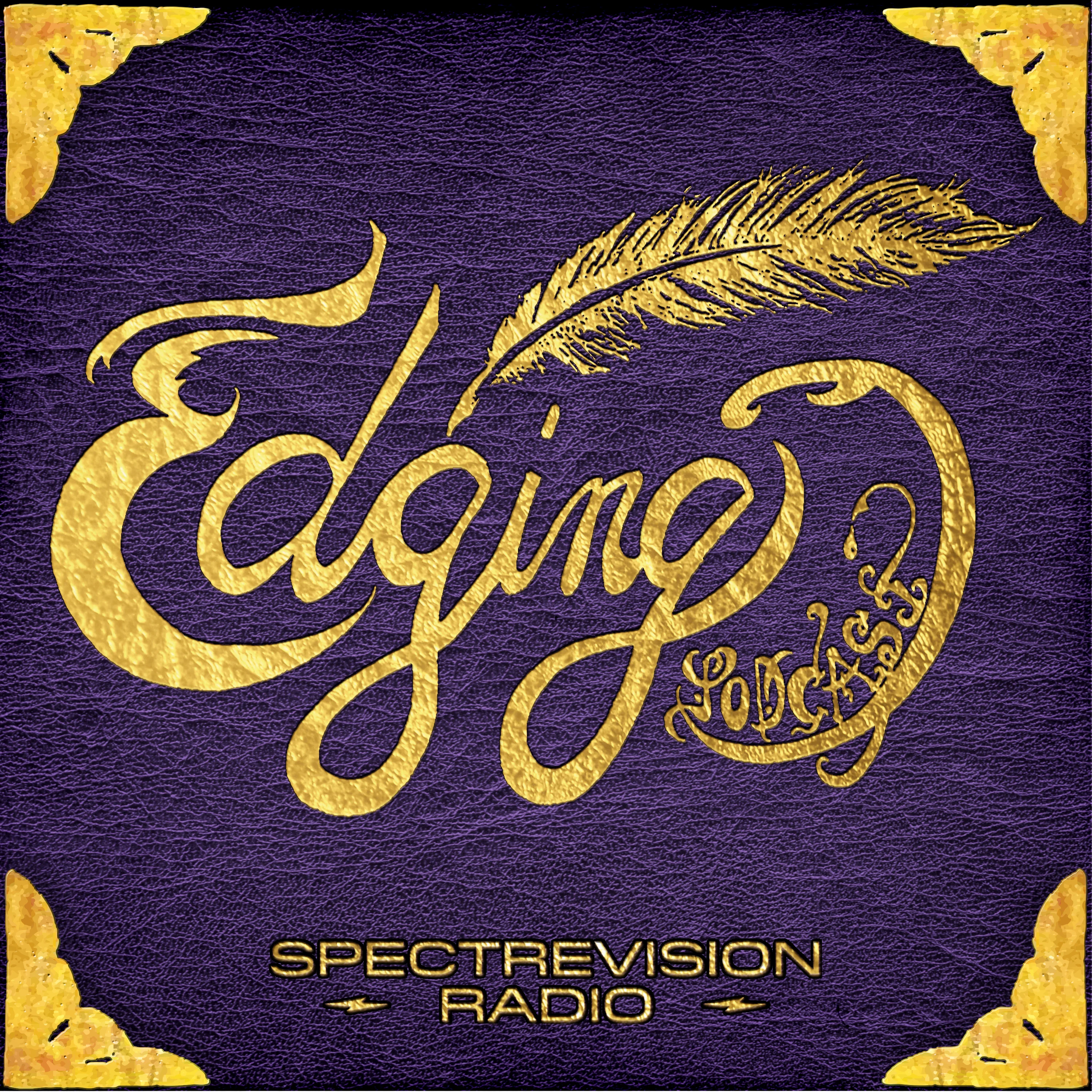 logo for edging podcast, gold cursive text says "edging," a feather quill hovers above the text. Purple textured background with gold accents on four corners.