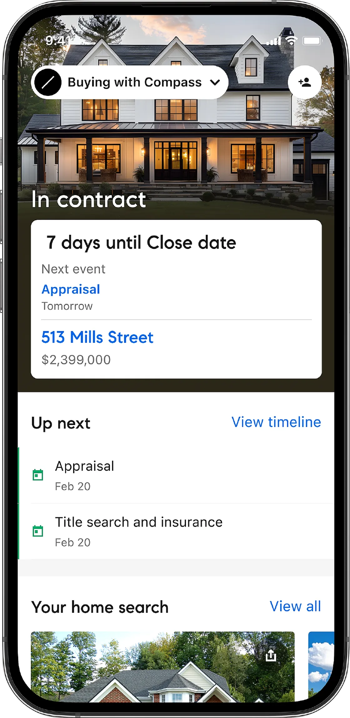 Mobile phone screen showing a real estate app with a house photo, contract details for 513 Mills Street priced at $2,399,000, and upcoming events like appraisal and title search.