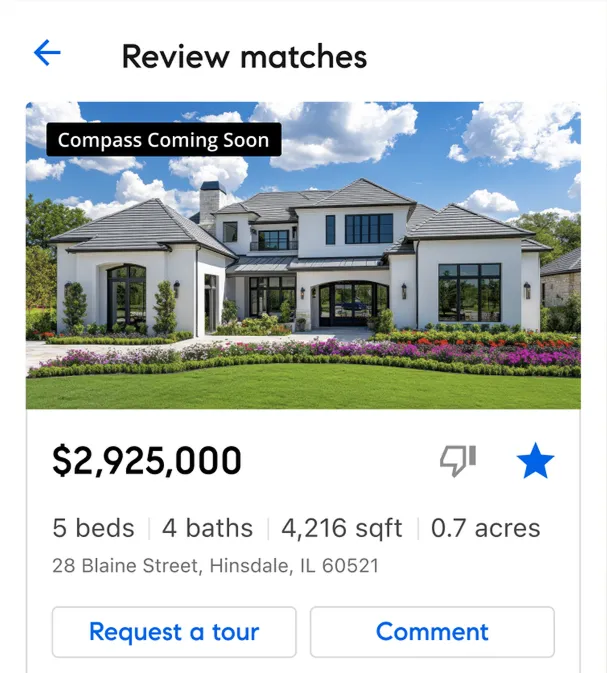 Real estate listing for a white two-story house with five bedrooms, four bathrooms, 4216 square feet, priced at $2,925,000, located at 28 Blaine Street, Hinsdale, IL.