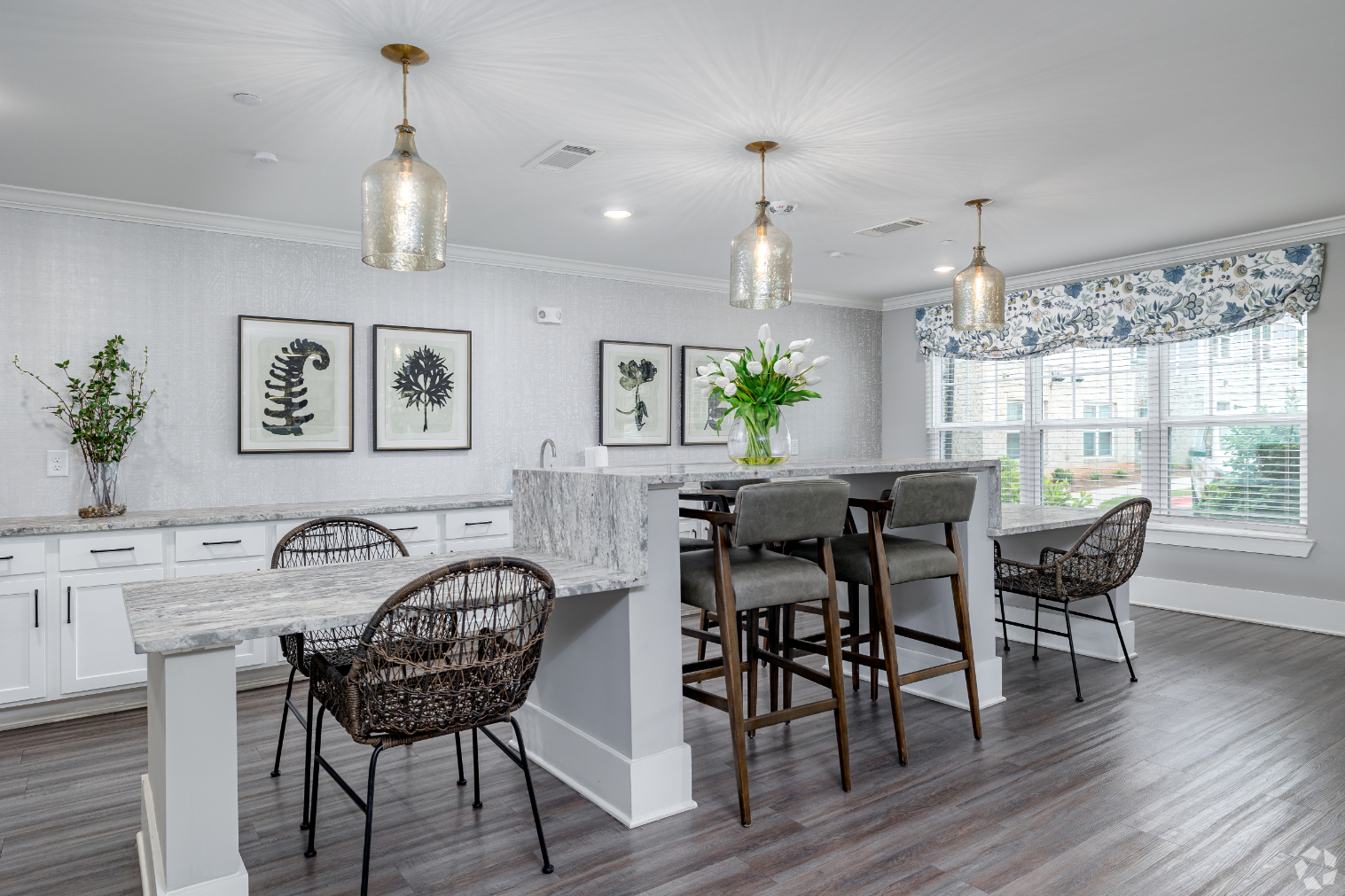 Community kitchen with bar and seating