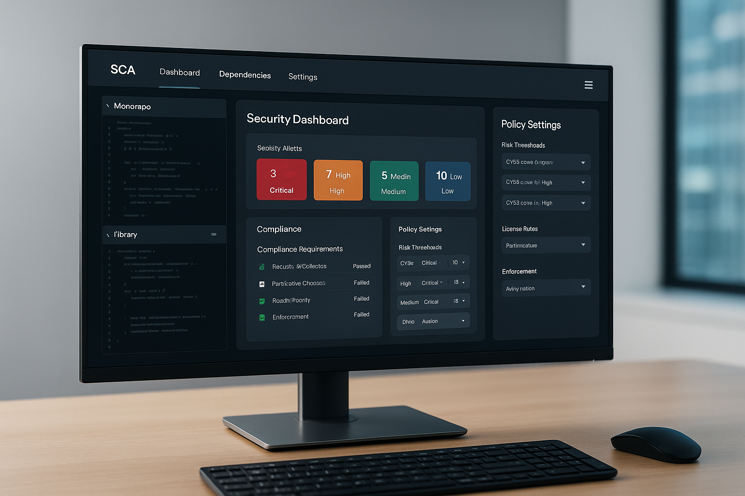 Monitor displaying software security dashboards and compliance policy settings, emphasizing risk thresholds for different industries.