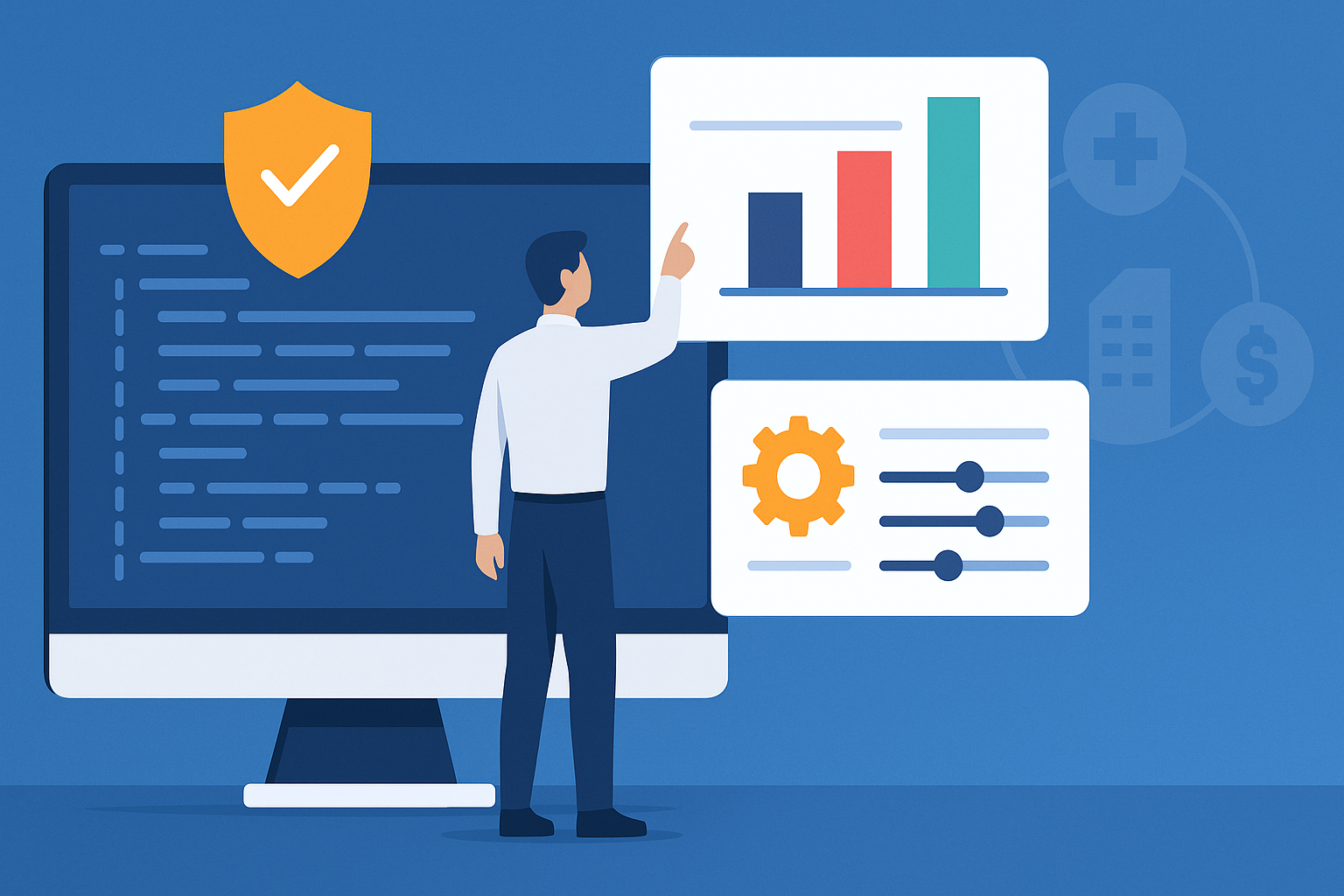 A flat-style digital illustration showing a professional analyzing software composition data on multiple large screens, symbolizing industry-specific risk threshold enforcement.