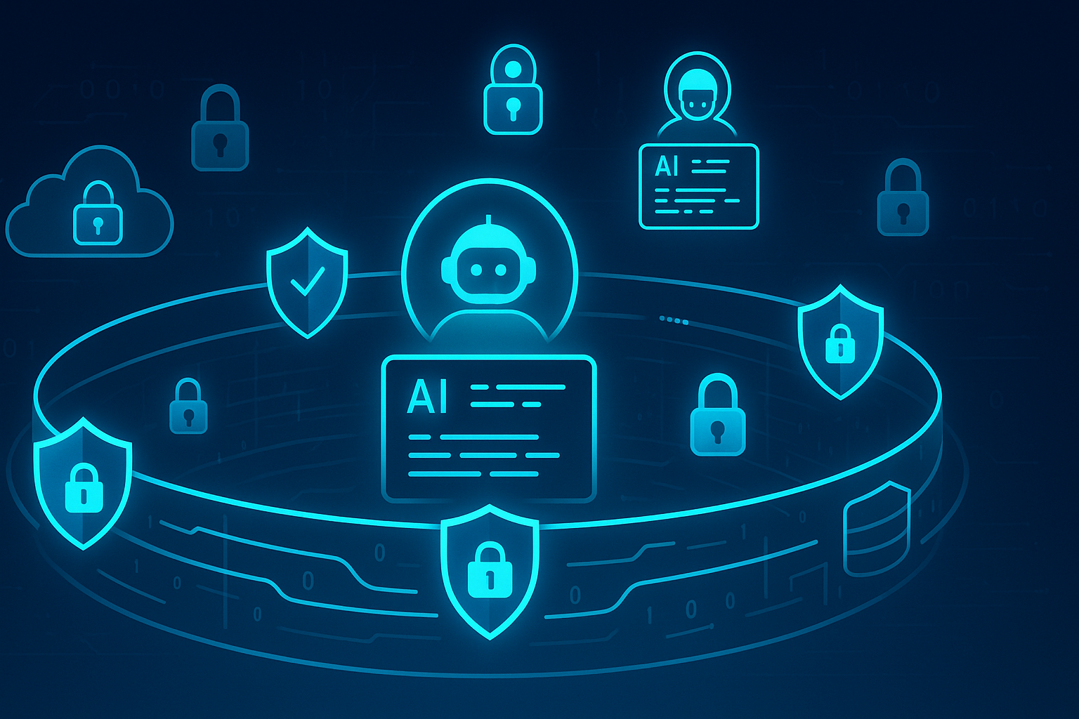 Futuristic cybersecurity illustration showing AI coding agents surrounded by digital guardrails and shields representing a Zero-Trust security model for agentic AI