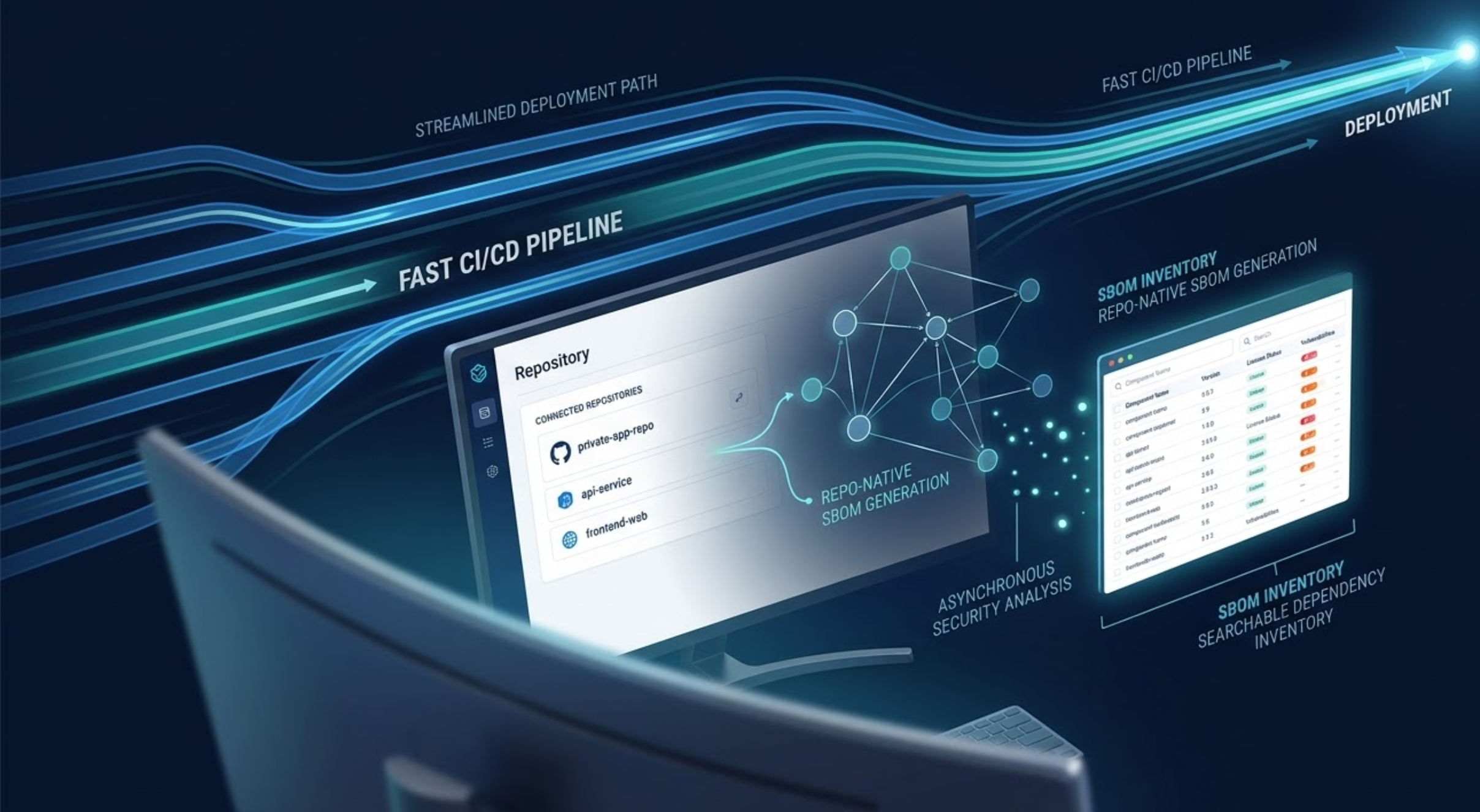 Illustration of fast CI/CD pipelines flowing to deployment while repo-native SBOM generation runs asynchronously from connected repositories into a searchable software inventory dashboard.