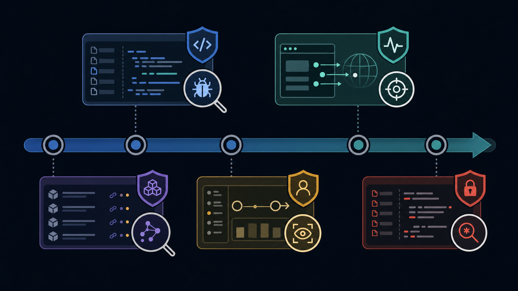 A technical diagram showing five distinct security scanning tools positioned at different stages of a software development pipeline. Show static code analysis scanning source code files, dynamic testing probing a running application with network requests, dependency scanning examining package manifests, interactive testing monitoring live application flows, and secrets detection searching through code repositories. Use a modern, clean illustration style with distinct colors for each security layer, conveying a layered security approach without any text or labels.