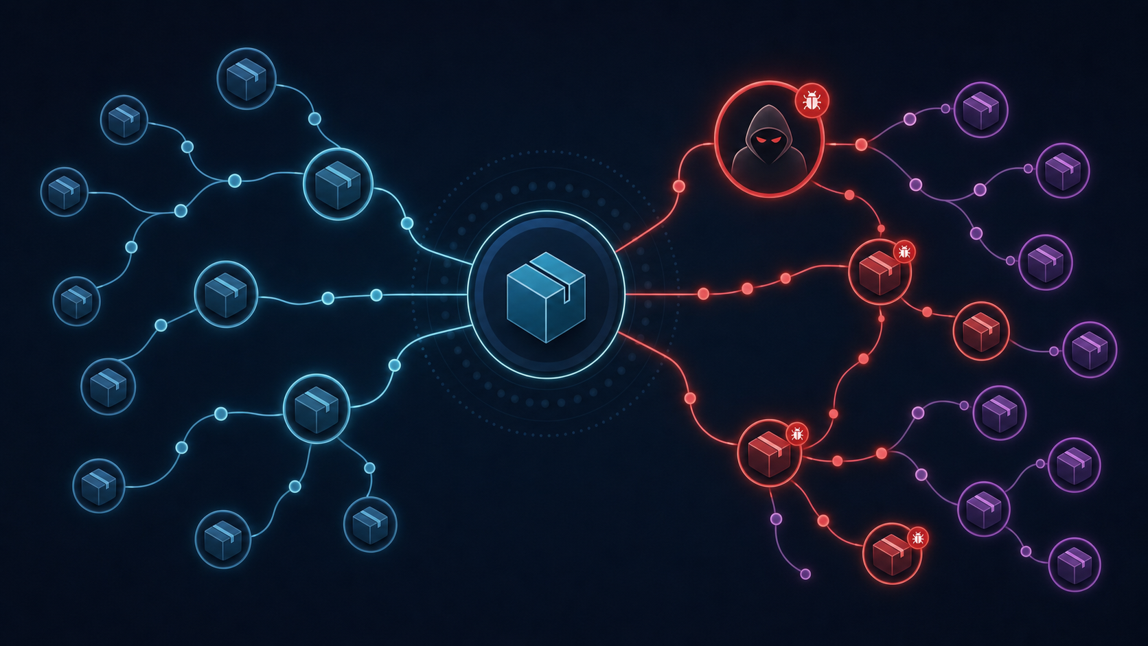 A technical illustration showing npm package supply chain attack vectors. Display a central npm registry hub with multiple package nodes radiating outward, connected by dependency chains. Show one compromised maintainer account node highlighted in red with malicious code flowing through dependency connections to downstream packages. Use a dark background with glowing connection lines in blue and purple, with the compromised path shown in red. Include visual elements representing the cascade effect of a single account compromise spreading through multiple packages. Modern, clean cybersecurity visualization style.