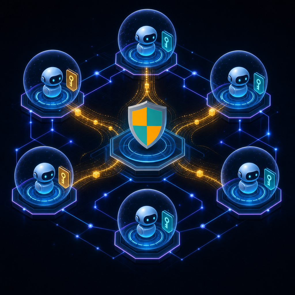 Abstract visualization of AI agent identity management showing multiple autonomous agent nodes with unique credential tokens, scope boundaries represented as translucent spheres around each agent, and audit trail connections flowing to a central monitoring system. Use a dark technical background with glowing blue and purple network pathways, golden audit streams, and clean geometric shapes. Modern cybersecurity aesthetic without any text.