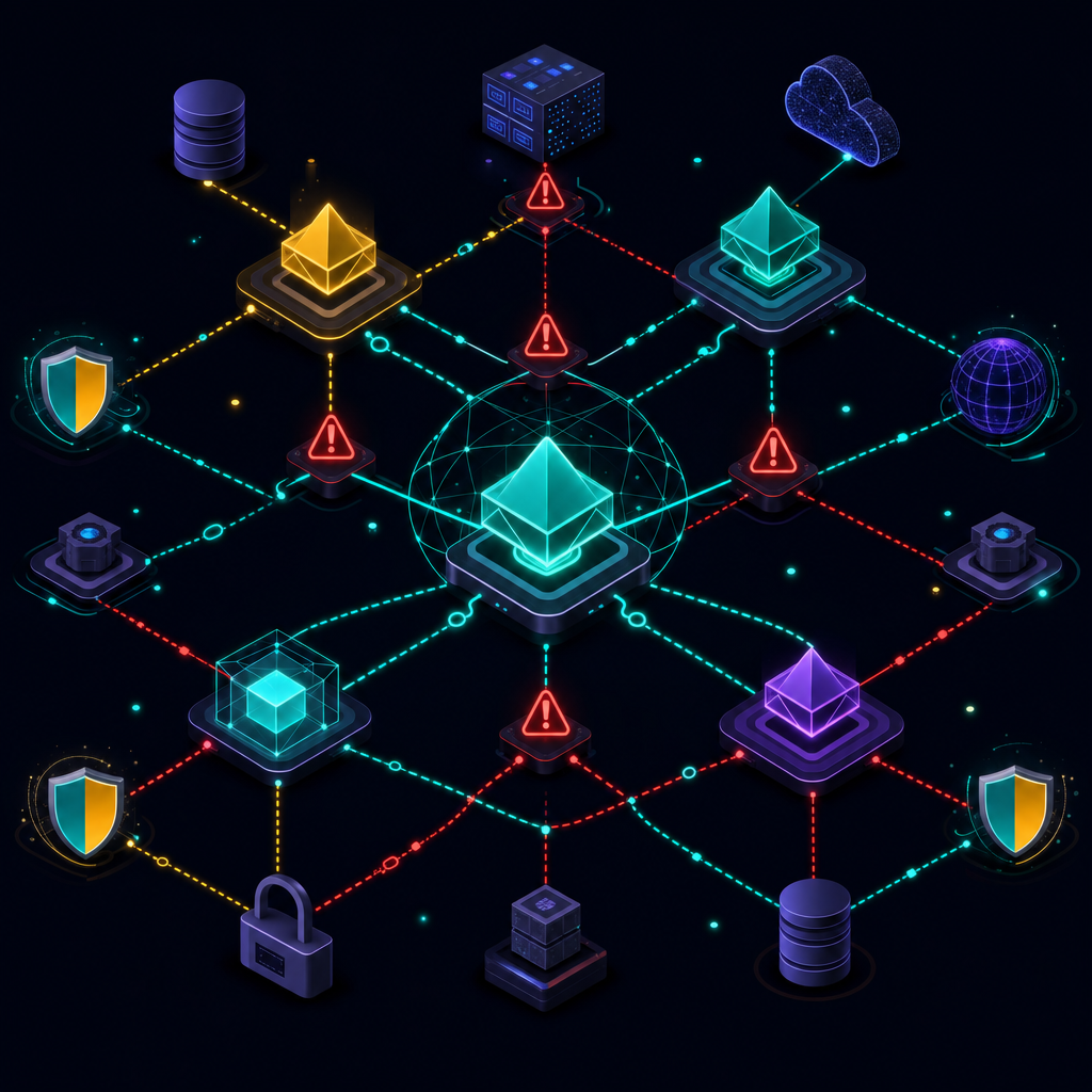 A technical illustration showing an AI agent system with multiple interconnected nodes representing different security threat vectors. The visualization should depict autonomous AI agents as glowing geometric shapes connected to various tools, APIs, and data sources through network pathways. Show vulnerability points as red warning indicators at connection points, highlighting threats like prompt injection paths, excessive permissions, and cascading failures across the multi-agent network. Use a dark cybersecurity-themed color palette with blues, purples, and red accent colors. The style should be modern, abstract, and technical without any text or labels.