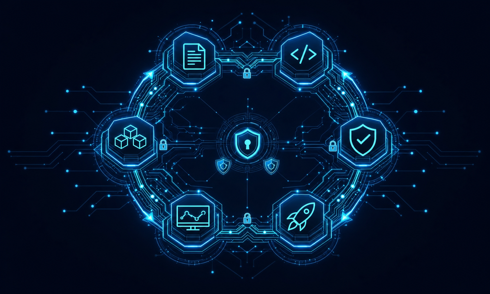 A circular or linear software development lifecycle diagram rendered as a glowing neon circuit board aesthetic, showing six interconnected stages represented by abstract geometric nodes and flowing data pathways, with padlock and shield symbols embedded at key junctions, dark navy background with electric blue and cyan highlights, no text or labels, futuristic cybersecurity visual