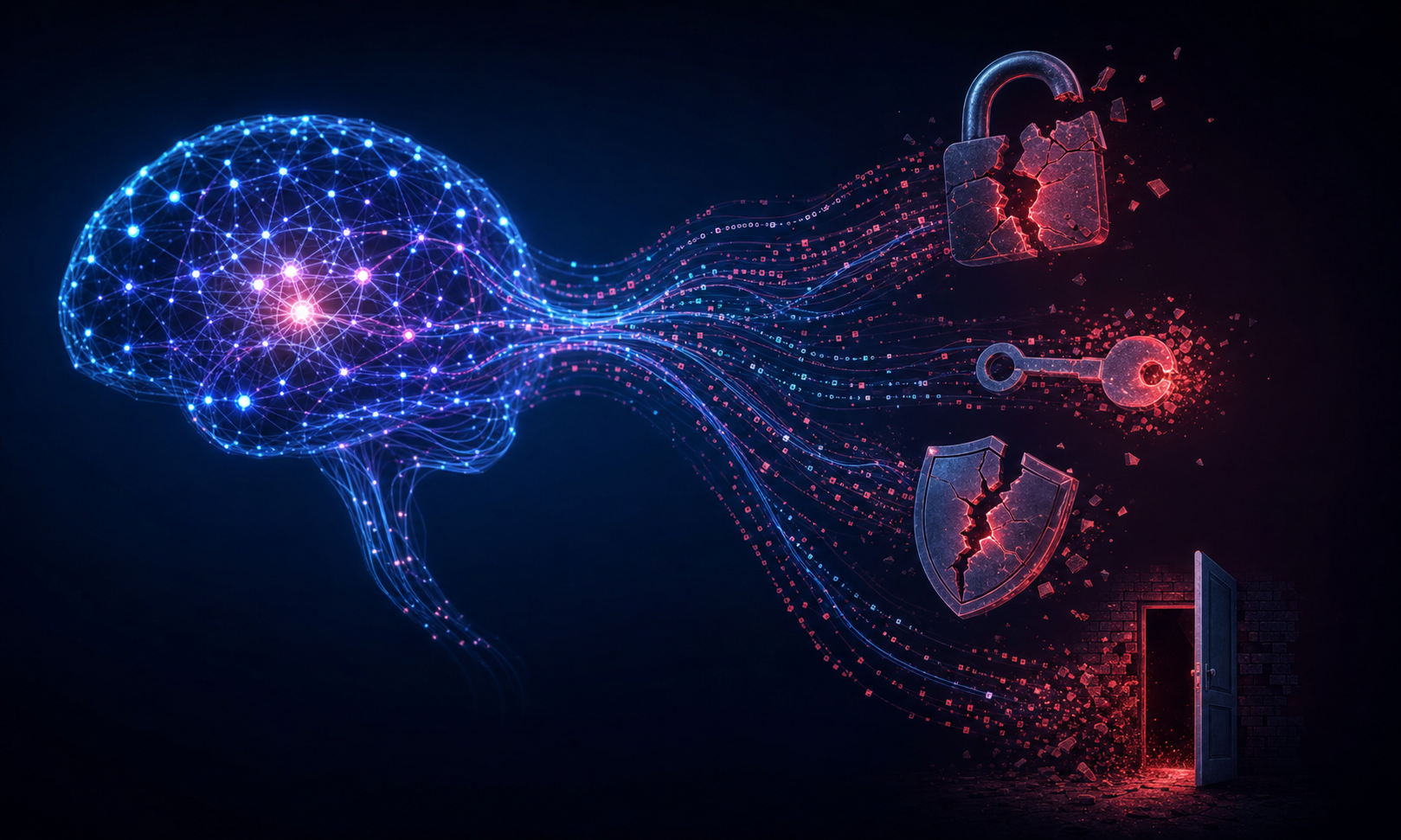 A dark, dramatic digital illustration showing a glowing neural network or AI brain on the left, with streams of code flowing out of it, and on the right side the code streams transform into visual symbols of security vulnerabilities — a cracked lock, an exposed key, a broken shield, and an open backdoor. The color palette uses deep navy blue and purple with red warning highlights. Abstract and conceptual, cyberpunk aesthetic, no text or labels anywhere.
