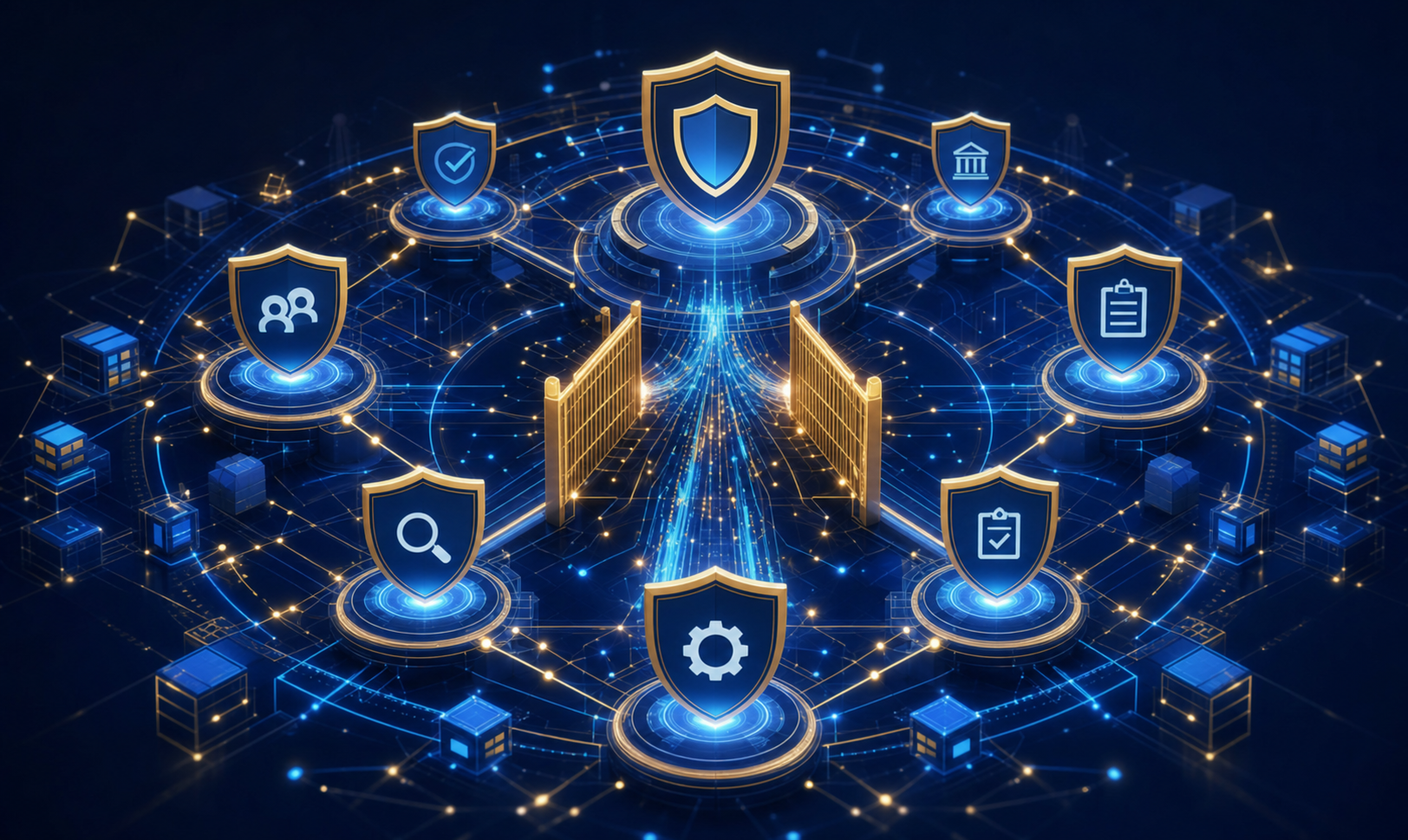 A dramatic digital illustration showing a complex network of interconnected compliance frameworks and regulatory shields arranged in a circular pattern, glowing with blue and gold light. In the center, streams of code flow through security checkpoints represented as glowing gates or barriers. Abstract geometric shapes represent governance layers and audit trails. Dark navy and deep purple background with gold and cyan accents. Cybersecurity and regulatory compliance aesthetic, clean and authoritative, no text or labels anywhere.