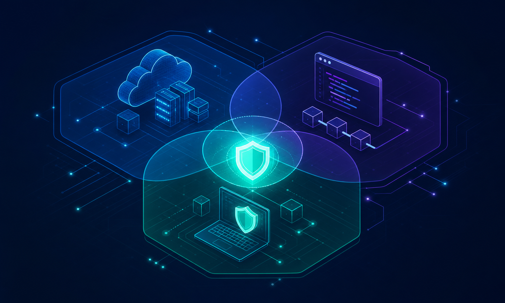 An abstract digital diagram showing three overlapping security domains represented as glowing geometric zones — one for cloud infrastructure, one for application code and pipelines, and one for runtime protection — with a central convergence area highlighted in bright teal, dark blue background, futuristic cybersecurity aesthetic, layered translucent shapes with circuit-like connecting lines and node points, no text or labels