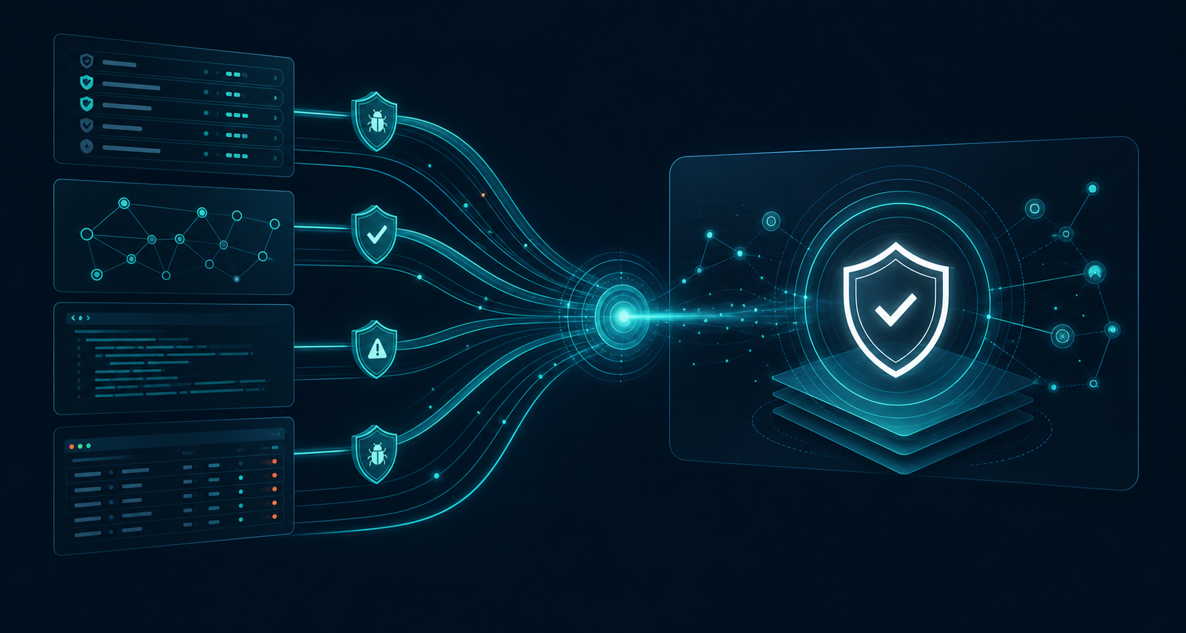 A futuristic digital security dashboard visualization showing multiple data streams converging into a single unified risk view, with abstract pipeline flows, shield icons, layered code layers, and glowing node connections representing security signal aggregation across a software development lifecycle, dark blue and teal color scheme, no text