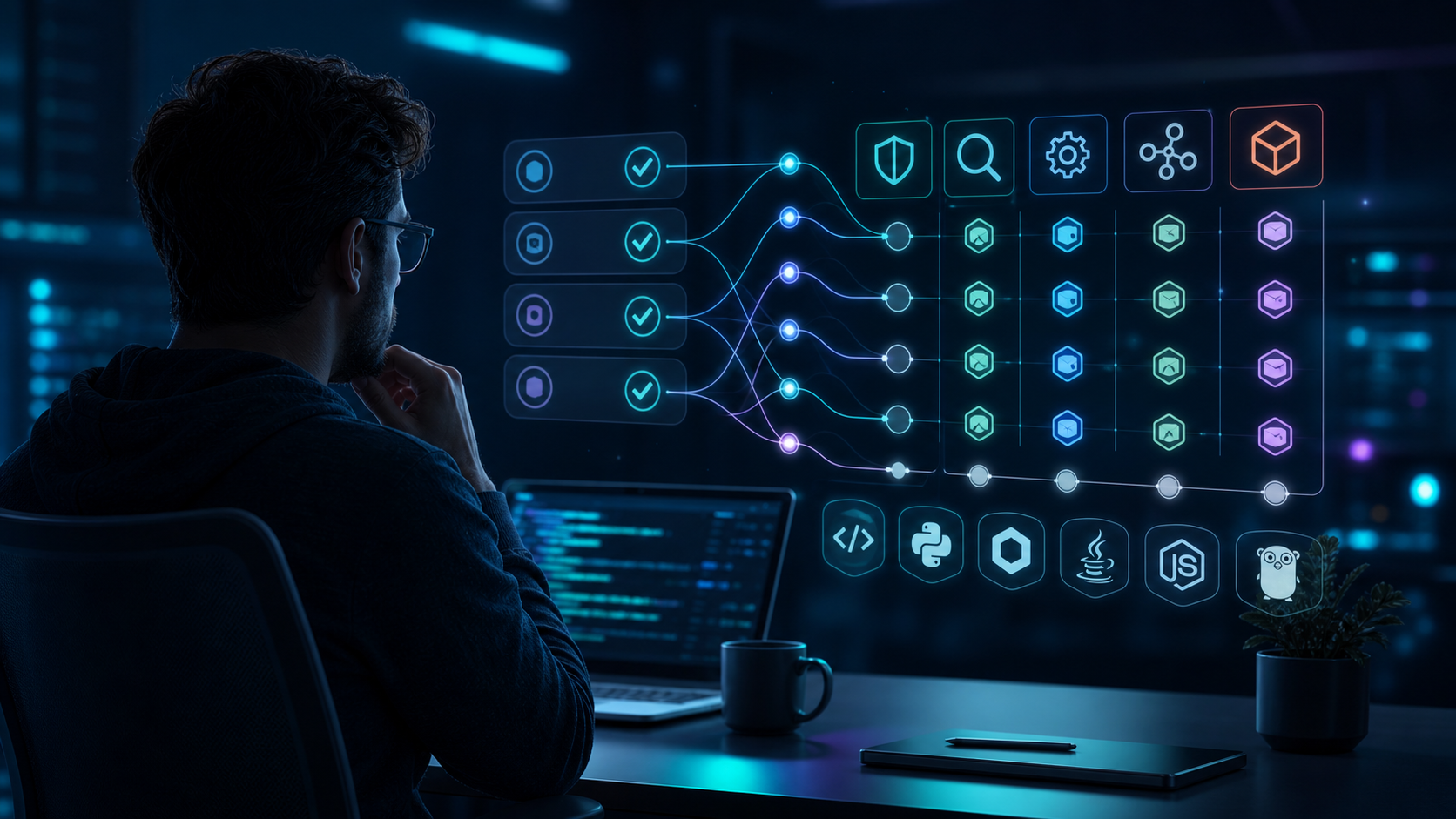 A developer or security engineer at a sleek modern workstation examining a glowing digital checklist or evaluation matrix floating in the air, with multiple tool icons and programming language symbols arranged in a structured comparison grid, abstract geometric connectors linking criteria nodes to tool icons, cool blue and teal color palette with subtle purple highlights, cinematic depth of field, dark background, no text, no letters, no words, no labels
