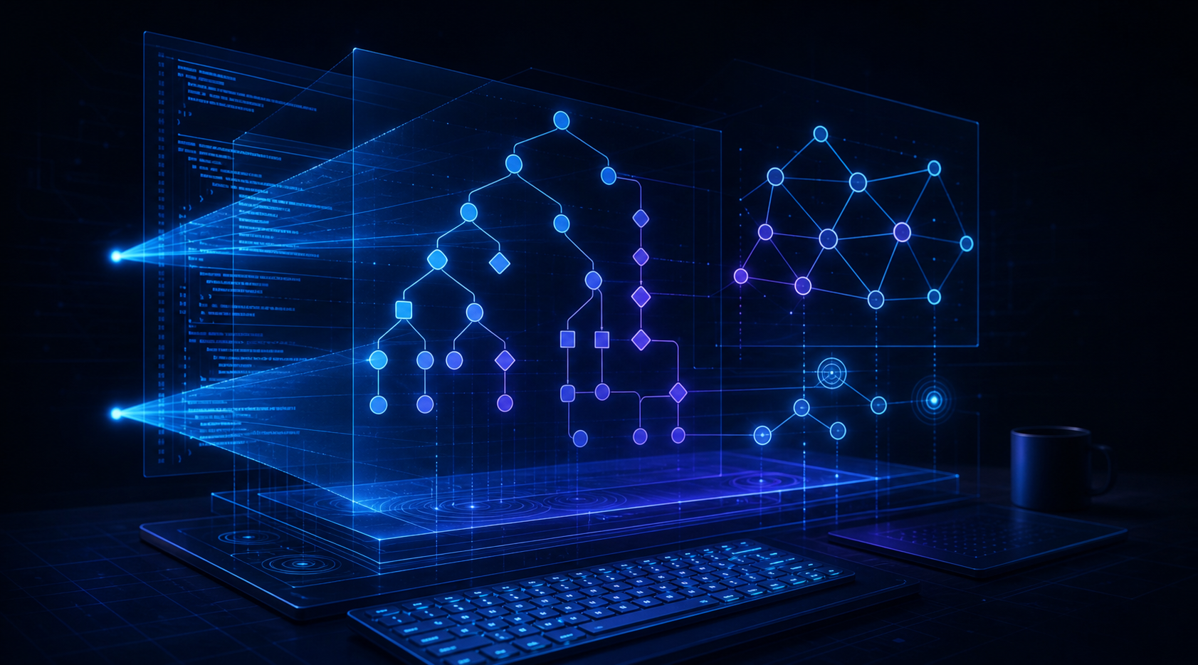 A futuristic developer workstation with holographic code visualization floating above a keyboard, showing abstract syntax tree structures and control flow graphs rendered as glowing blue and purple geometric node networks, with scanning laser lines sweeping across layers of source code, dark background with deep navy and electric blue tones, cinematic lighting, no text, no letters, no words