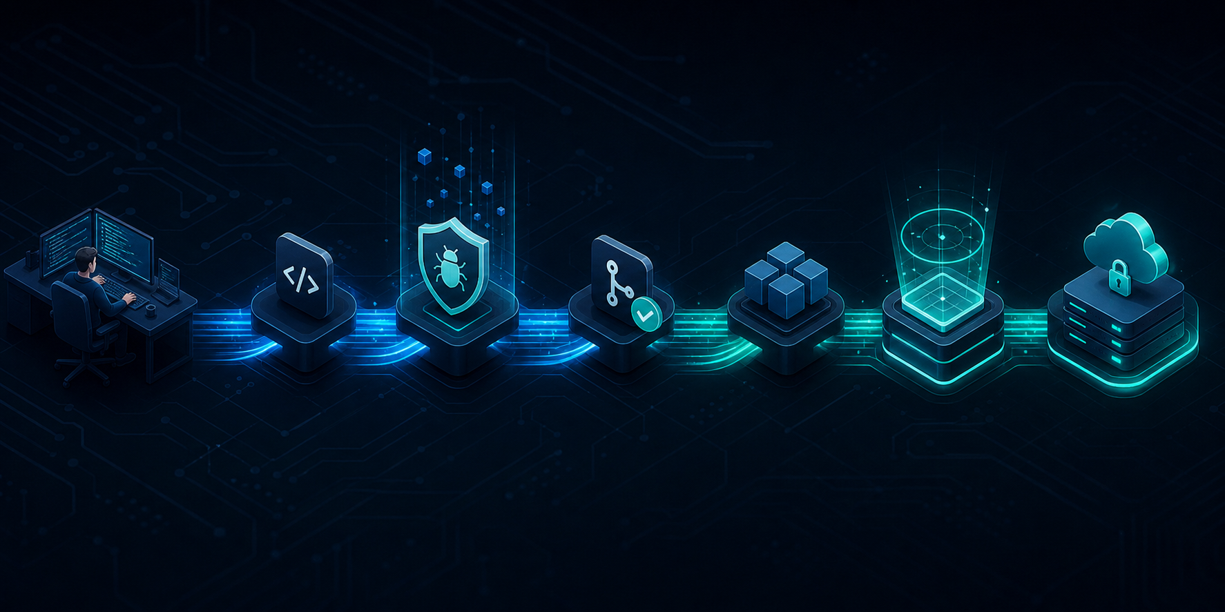 A sleek, dark-themed illustration of a modern DevSecOps pipeline as a horizontal flow diagram. Stages represented by glowing geometric nodes connected by flowing data streams: a developer workstation on the far left feeding into a code commit stage, then a static analysis checkpoint with a shield icon, then a pull request gate with a checkmark, then a build and test stage, then a staging environment with a dynamic scanning layer, and finally a production deployment on the far right. Subtle circuit-board textures in the background, cool blue and teal accent lighting, no labels or text anywhere, clean technical aesthetic.