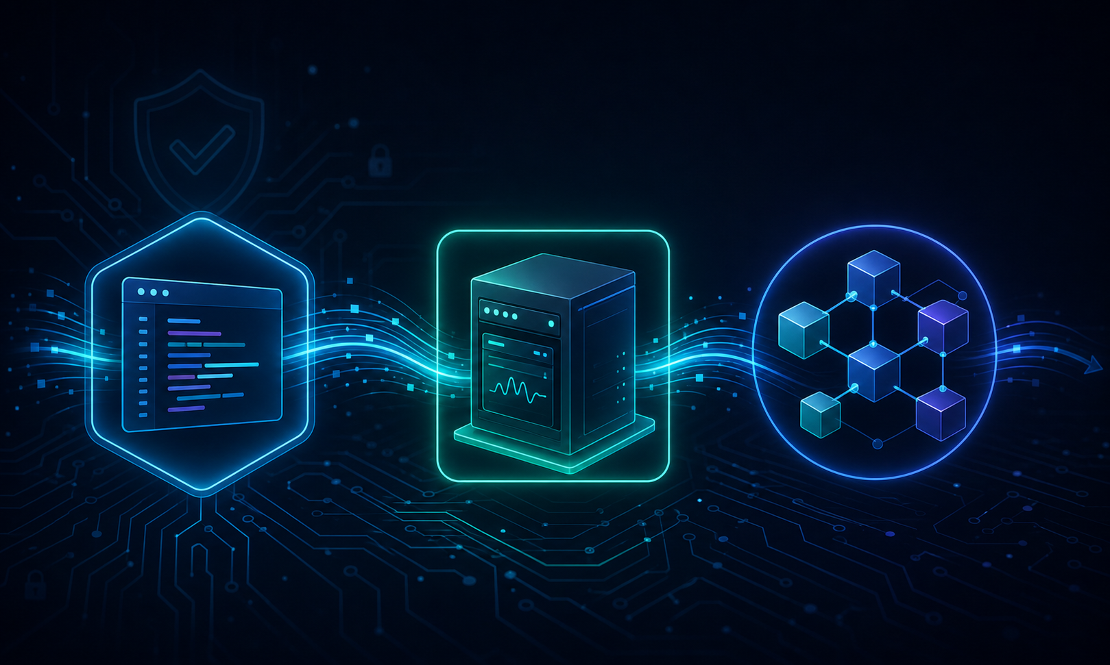 A professional cybersecurity illustration showing three interconnected security layers in a modern software development pipeline. Three distinct zones represented by glowing geometric shapes: a code editor symbol on the left representing static source code analysis, a running server or application in the center representing dynamic runtime testing, and a network of dependency packages on the right representing software composition analysis. Connected by flowing data streams with subtle circuit-board patterns, set against a dark navy background with cool blue and teal accent lighting. Clean, modern, technical aesthetic with no labels or text.