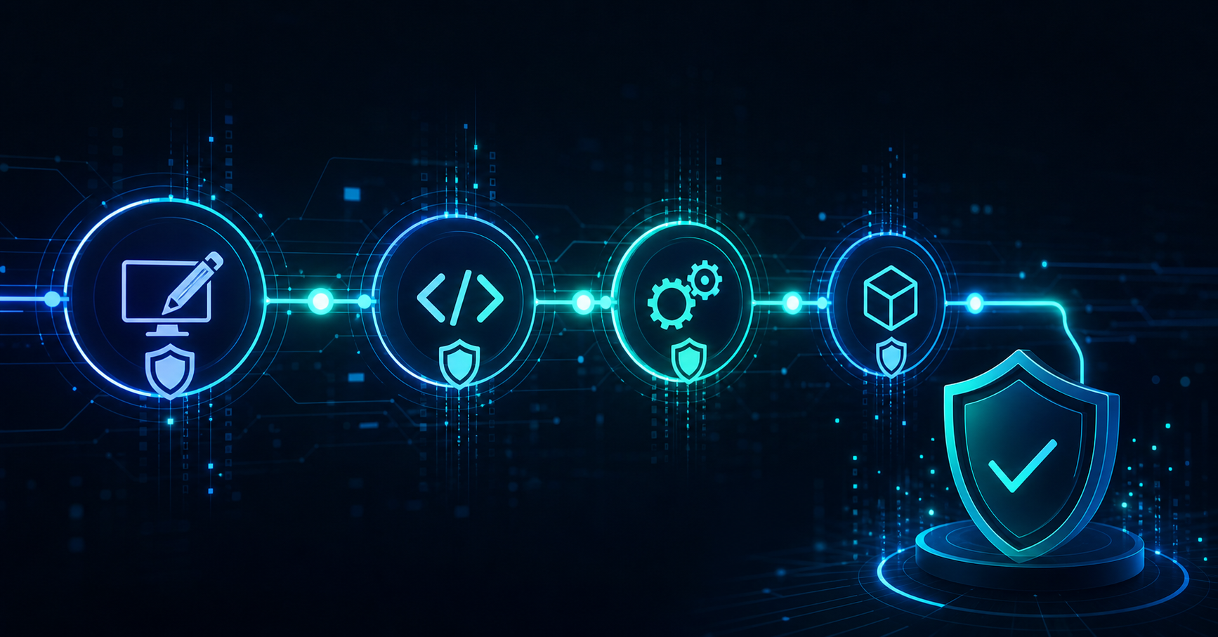 A sleek abstract visualization of a software development lifecycle pipeline flowing left to right, with security shield symbols embedded at each stage — design, code commit, CI/CD build, deployment — glowing connection nodes linking each phase, dark blue and teal color palette, cyberpunk aesthetic, no text or letters