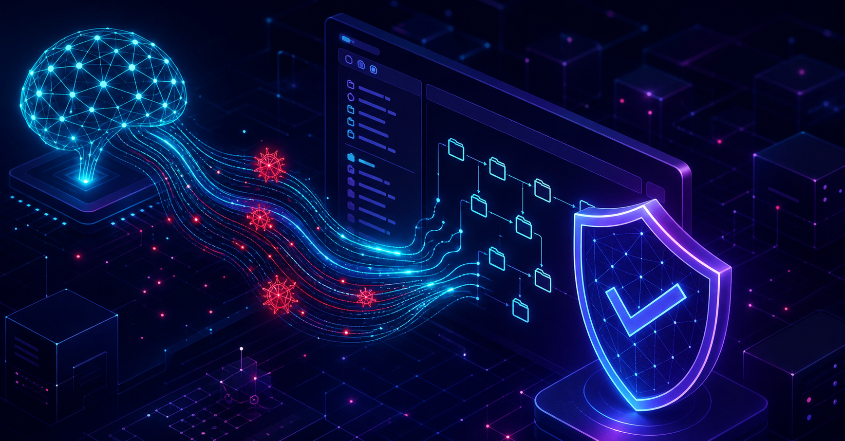 A futuristic digital workspace showing streams of glowing code flowing from an AI brain or neural network into a software repository, with a protective security shield overlaid on the codebase, abstract vulnerability patterns highlighted in red within the code streams, dark blue and purple cyberpunk aesthetic, no text or letters