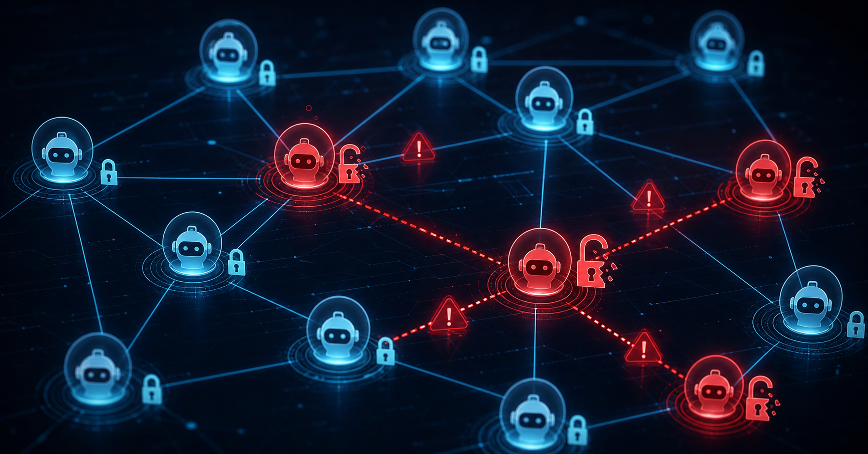 A network diagram of interconnected AI agents represented as glowing nodes in a dark digital environment, with some nodes showing broken padlock icons and red warning signals flowing between them, illustrating compromised identity and unauthorized credential sharing across a multi-agent system, cybersecurity aesthetic with deep blue and red tones