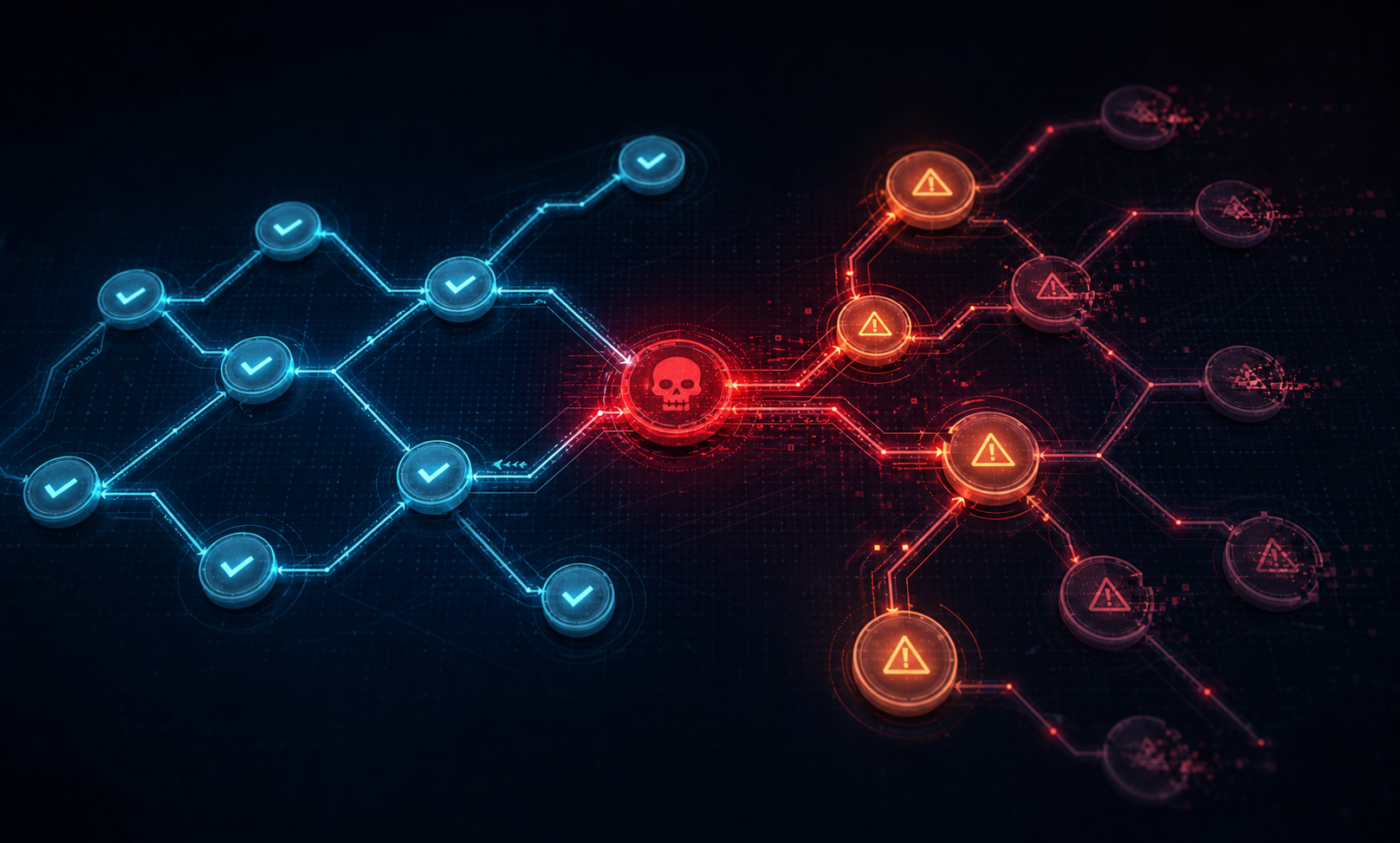 A dark digital environment showing a software supply chain pipeline visualized as interconnected glowing nodes and conduits, with one node in the middle corrupted and pulsing red, sending cascading red signals through branching downstream connections, while other nodes begin to fail and glow orange, representing a chain reaction of compromised components spreading through a complex system, cybersecurity aesthetic with deep blue, teal, and red tones, no text
