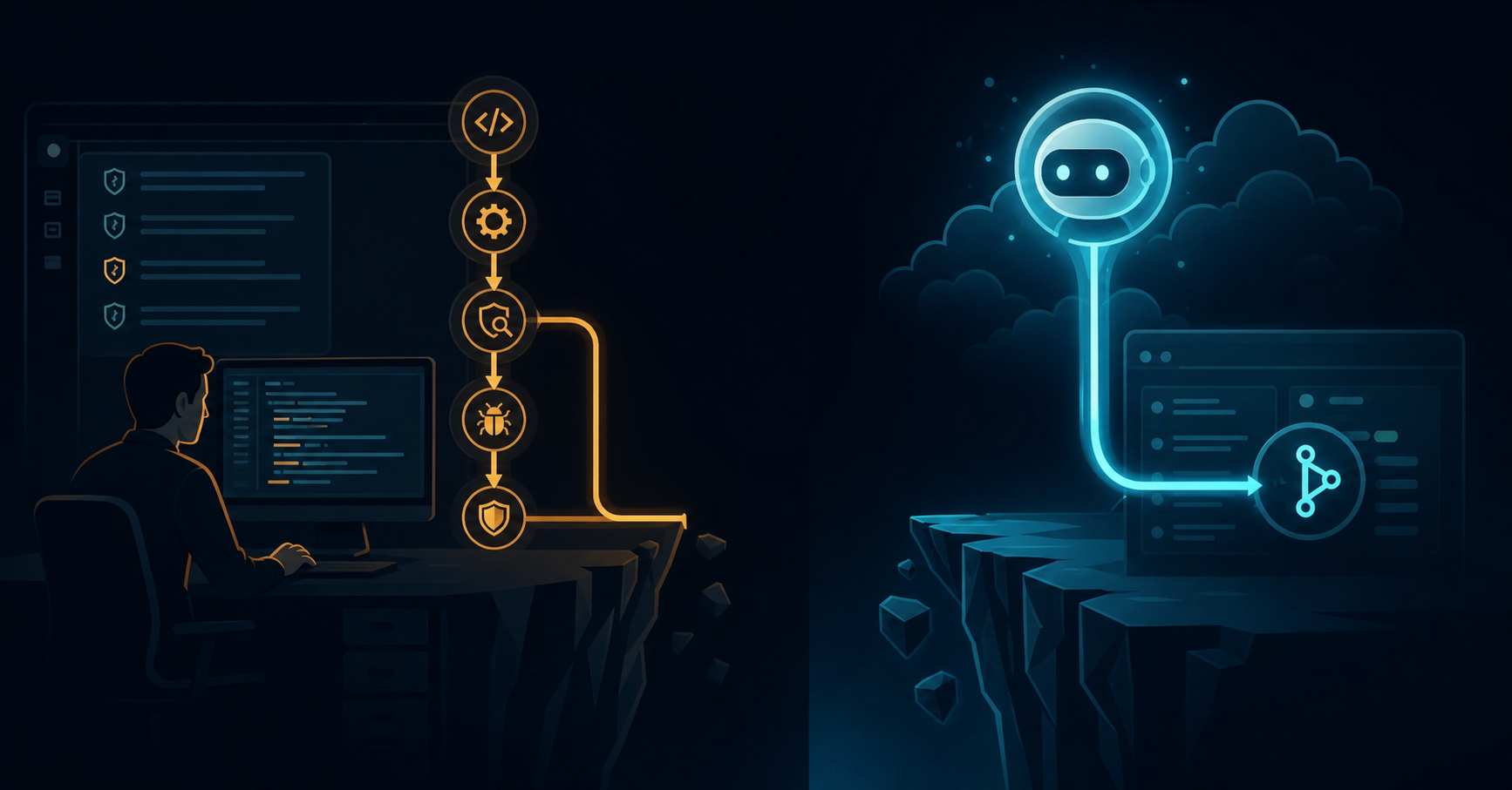 A split-scene conceptual illustration showing two contrasting software development workflows. On the left side, a human developer sits at a desktop workstation, incrementally typing code with a visible pipeline of sequential checkpoints and security scanners along a linear path. On the right side, a glowing autonomous AI agent icon floats in a cloud environment, delivering a complete pull request in a single pass directly to a repository, bypassing all the sequential checkpoints shown on the left. The two sides are separated by a visible architectural gap or broken bridge. Color palette: deep navy blue, electric cyan, and amber. Clean, modern, flat-design style with subtle glow effects. No text, no words, no letters.