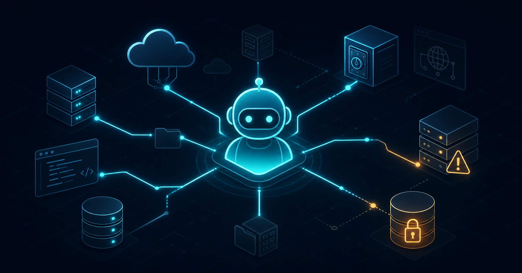 A conceptual illustration of an AI agent operating as a privileged insider actor inside a corporate network environment. A glowing autonomous robot or AI entity icon sits at the center of a web of interconnected systems: cloud infrastructure nodes, repository servers, API endpoints, and credential vaults, all connected by glowing lines. The AI agent's reach extends across all nodes simultaneously, with some connections shown as bright and active, others as shadowed or potentially compromised. A subtle visual tension is conveyed through amber warning glows emanating from certain nodes, suggesting unauthorized or over-privileged access. Dark navy blue background with electric cyan and amber accent colors. Clean, modern flat-design style with subtle glow effects. No text, no words, no letters.