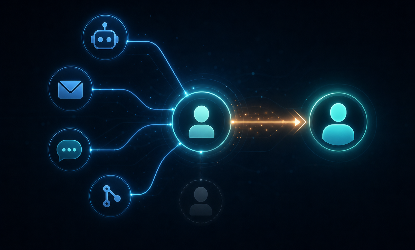 A dark-themed digital network diagram showing an identity resolution system. At the center, a glowing node represents a unified developer identity. Connected around it via luminous lines are multiple identity sources: a bot/robot icon representing an AI agent, a corporate email badge, a messaging platform icon, a code repository symbol, and a faded ghosted silhouette representing a departed employee. From the center node, a bright arrow routes toward an active human figure highlighted in blue-green. The overall aesthetic is deep navy and dark teal with blue and amber accent glows, abstract and cinematic. No text, no letters, no words anywhere in the image.