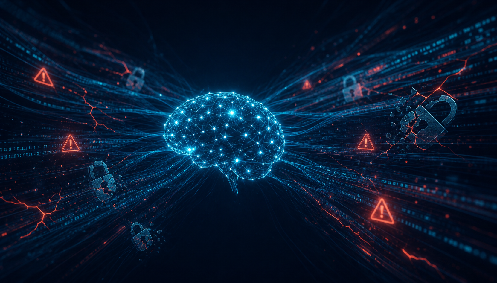 A dark, dramatic digital illustration showing a glowing neural network or AI brain at the center, with streams of code flowing outward from it. Hidden within the code streams are subtle visual cues of danger — faint red warning glows, cracks in the code lines, shadowy lock icons breaking apart. The overall aesthetic is deep navy blue and dark teal with red and orange accent highlights suggesting embedded vulnerabilities. Abstract, cinematic, no text or letters anywhere.