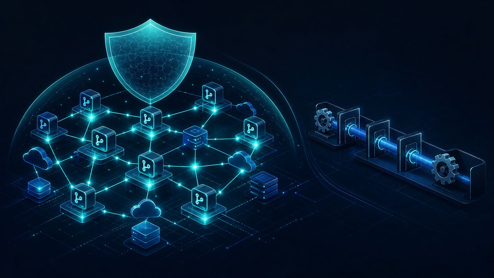 An abstract technical diagram showing two distinct security coverage layers in an enterprise software environment. On the left, a dark blue network of interconnected repository nodes and cloud servers glowing with teal light, representing pipelineless SCM-event architecture reaching 100% of connected repositories. On the right, a traditional pipeline represented as a sequential chain of gears and gates, visually smaller and more constrained. A wide governance shield or boundary hovers above the left network, symbolizing pre-generation control. The overall aesthetic is dark, modern, and technical — deep navy background, glowing teal and electric blue accents, no text or labels anywhere in the image.