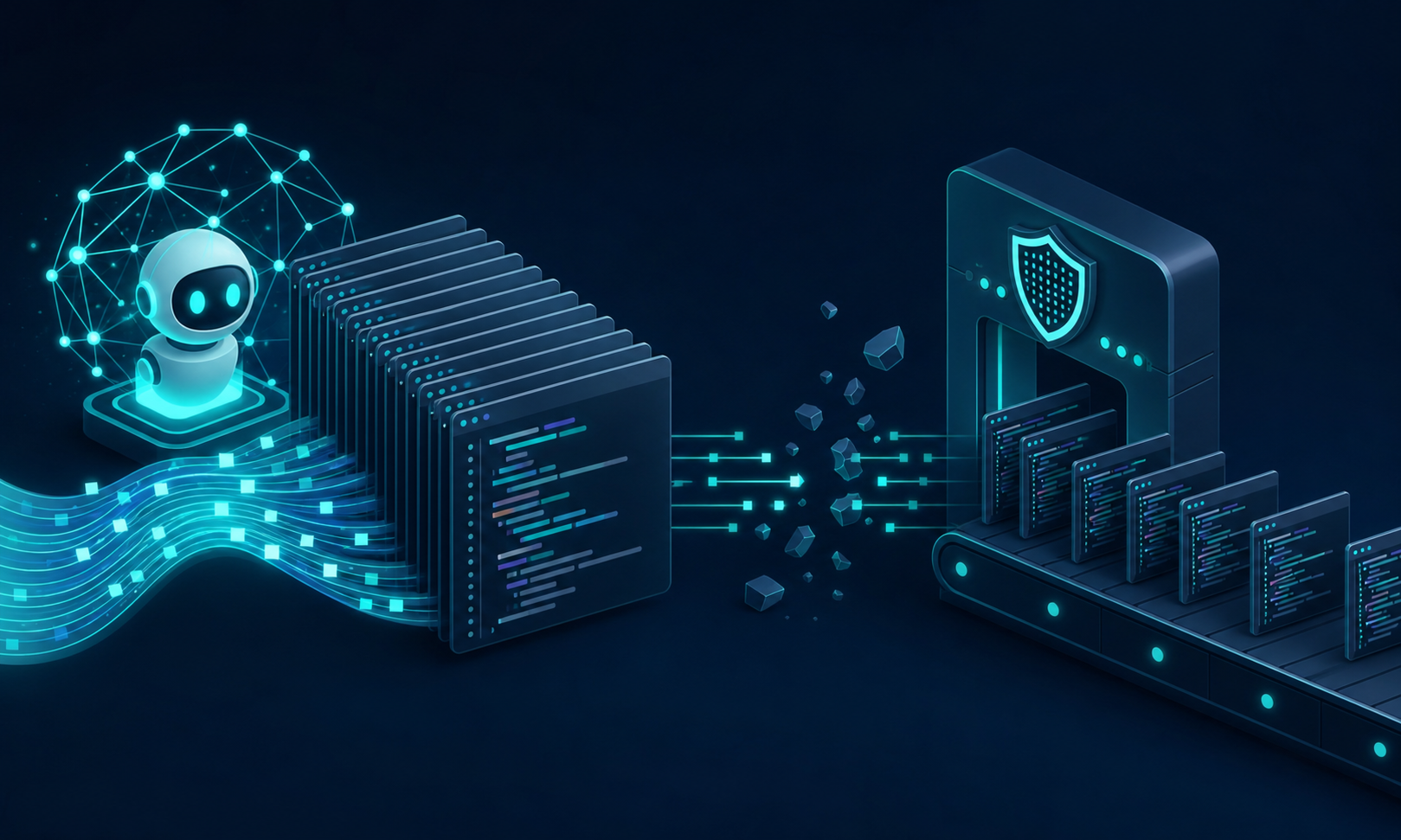 A conceptual diagram showing the gap between AI coding agents generating large code pull requests in the cloud versus a traditional security pipeline scanner that intercepts code too late. Split visual: left side shows a glowing AI robot or neural network node producing a massive stack of code files all at once, right side shows a security shield or scanning gateway that is overwhelmed or delayed, with a visible gap or break in the pipeline between them. Dark blue and teal color palette, abstract and technical aesthetic, no text or labels.