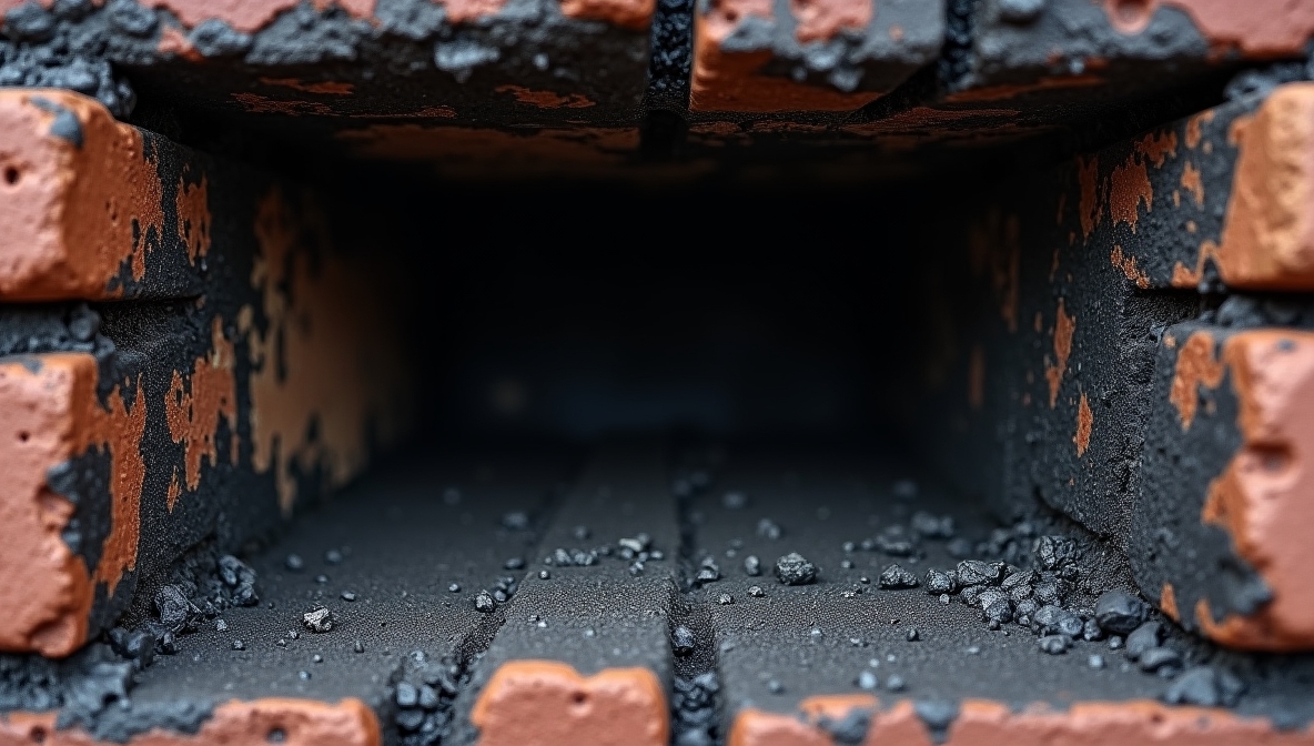 Closeup realistic shot inside a worn chimney with heavy creosote