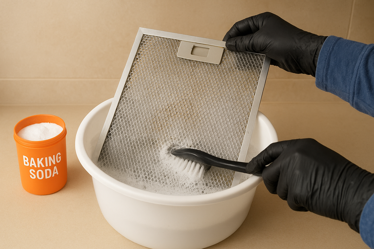 A person cleaning a chimney mesh filter