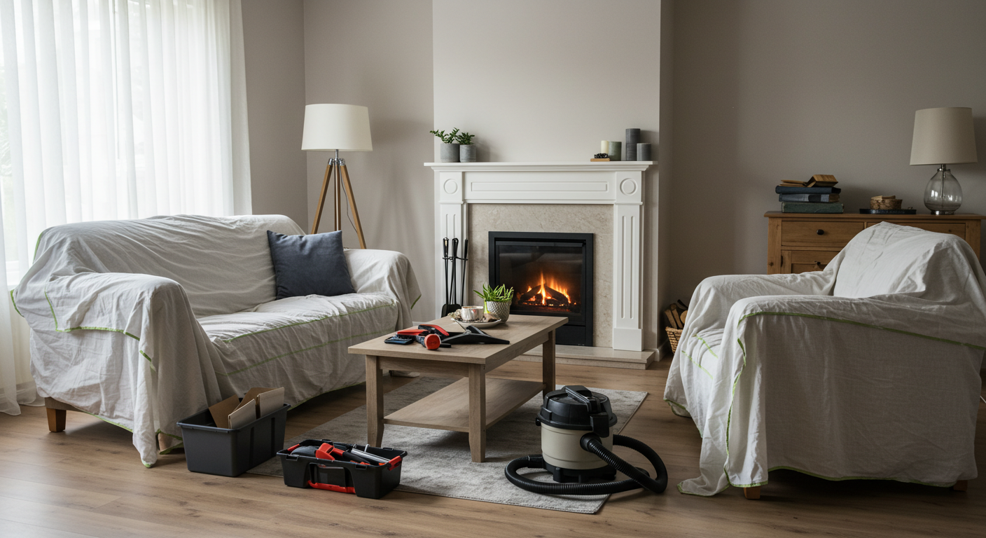 A living room with a fireplace prepared for chimney sweeping