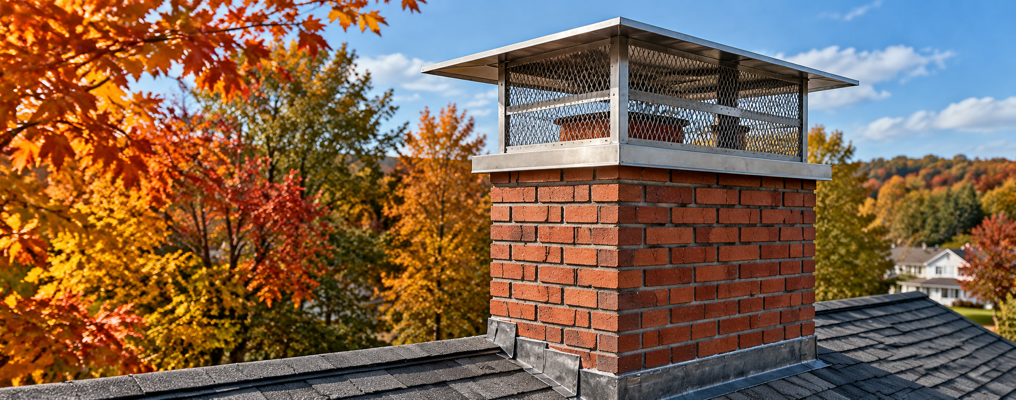 Brick chimney with a stainless steel chimney cap on a New England home in the fall