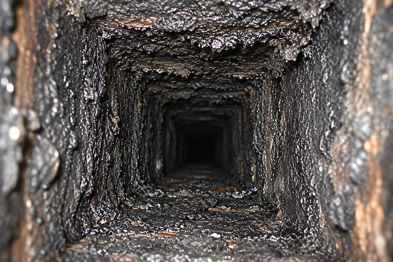 Heavy creosote buildup coating the inside of a chimney flue