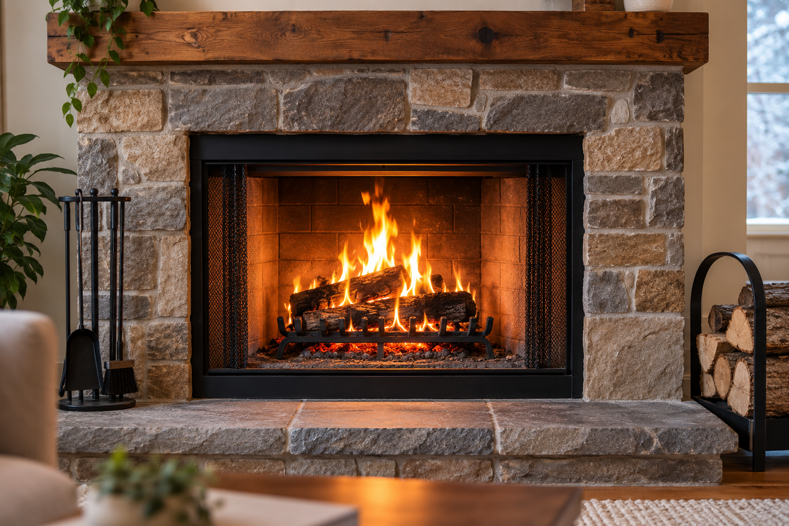 Wood-burning fireplace with a stone surround, serviced with fireplace chimney inspection and cleaning