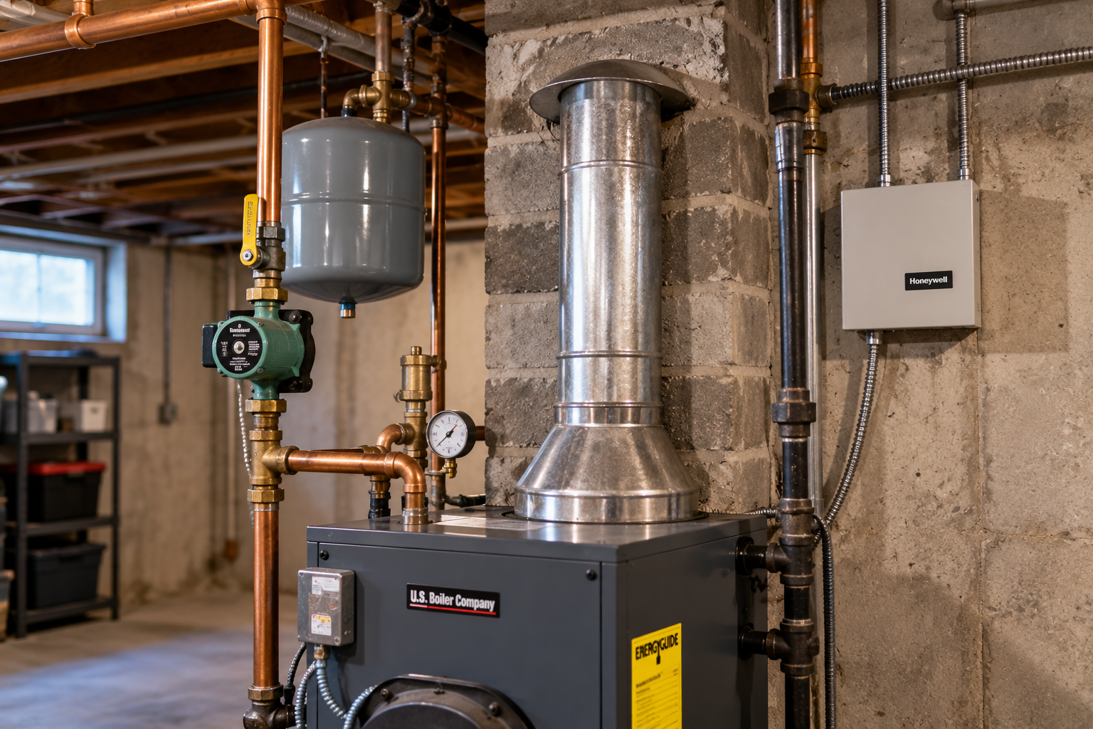 Boiler flue pipe connected to a masonry chimney for chimney flue inspection and cleaning