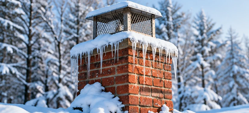Brick chimney covered in snow and icicles during a New England winter