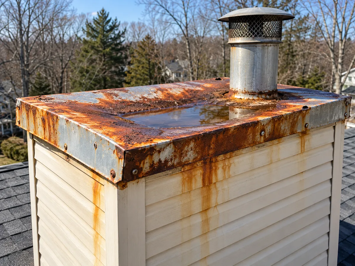 Rusted chase cover with pooled water and rust stains running down vinyl siding
