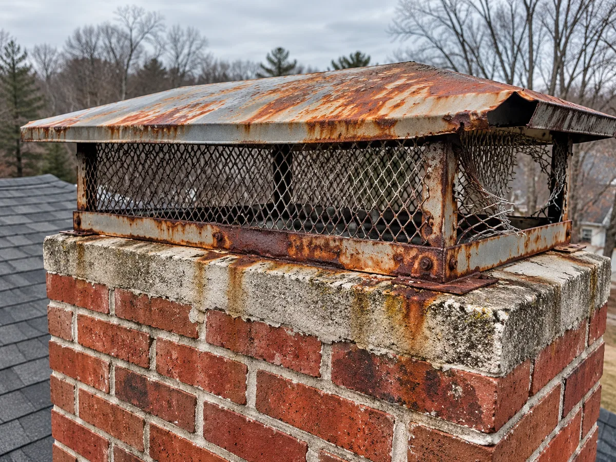 Rusted chimney cap with torn wire mesh on a brick chimney