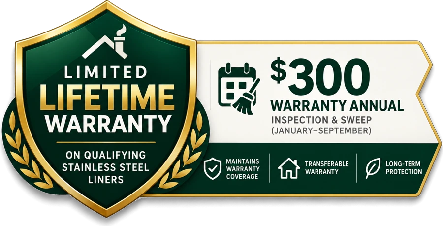 Limited lifetime warranty on qualifying stainless steel chimney liners, with $300 annual warranty inspection and sweep available January to September