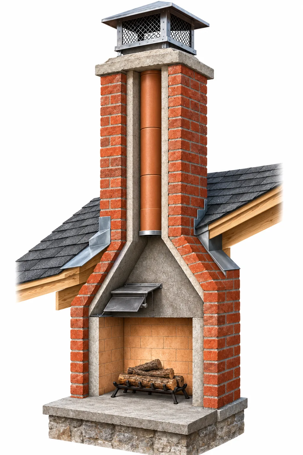 Cut-away illustration of a masonry chimney showing the cap, crown, flue liner, brick and mortar, flashing at the roof, smoke chamber, damper, firebox and hearth extension