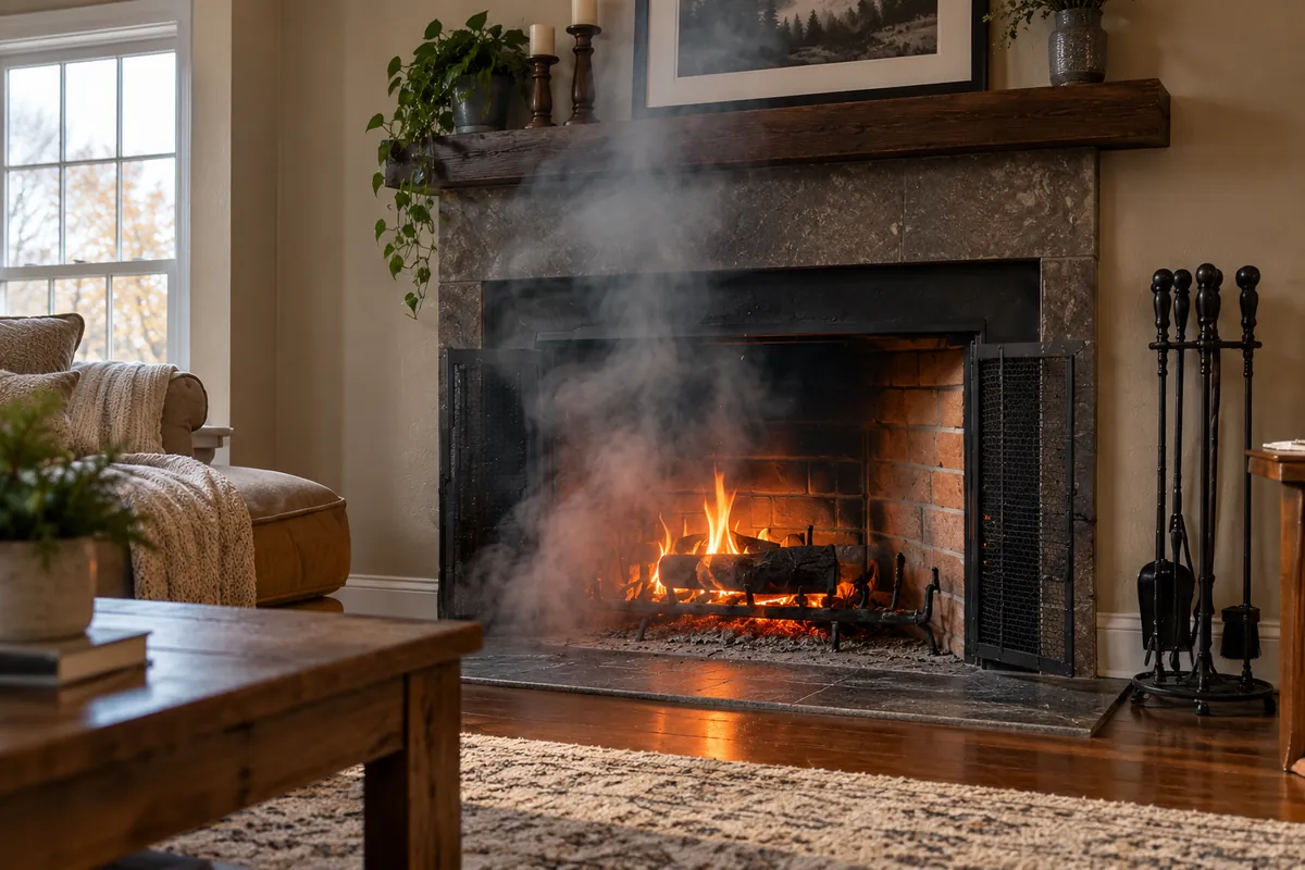 Smoke drifting out of a fireplace into the living room