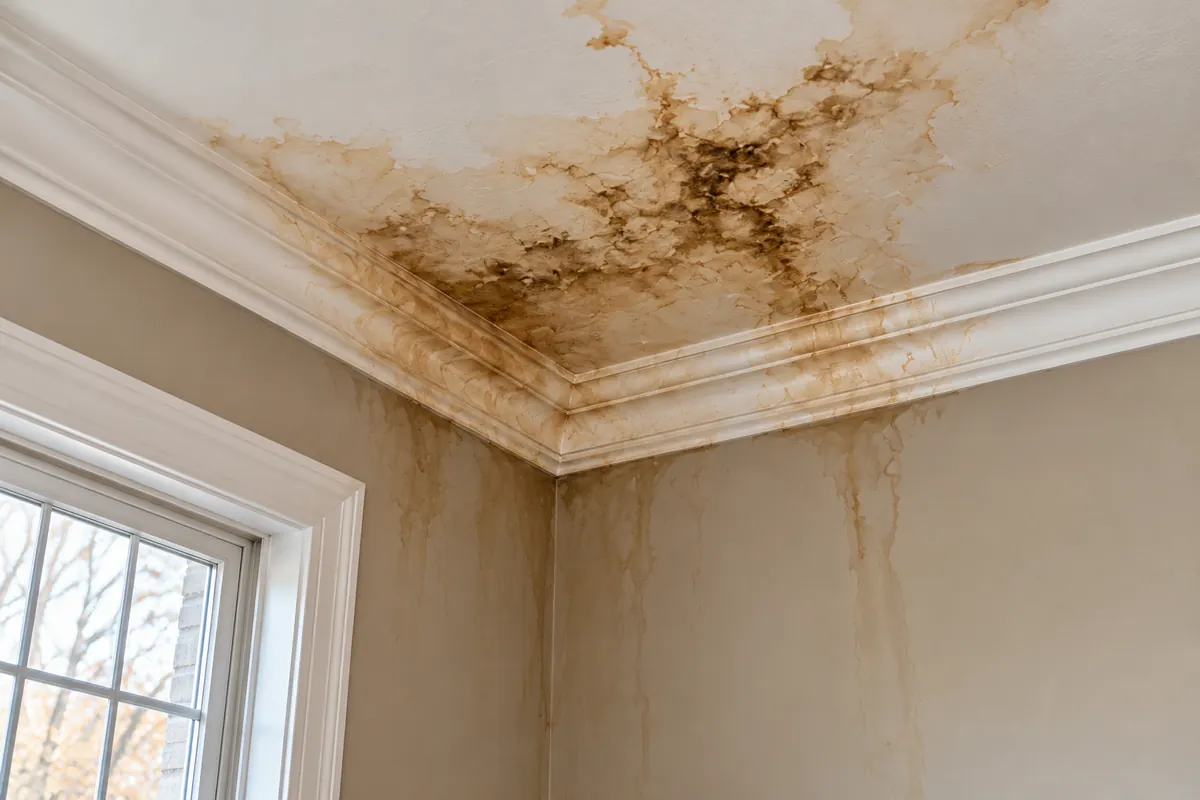 Brown water stains spreading across a ceiling and down the walls